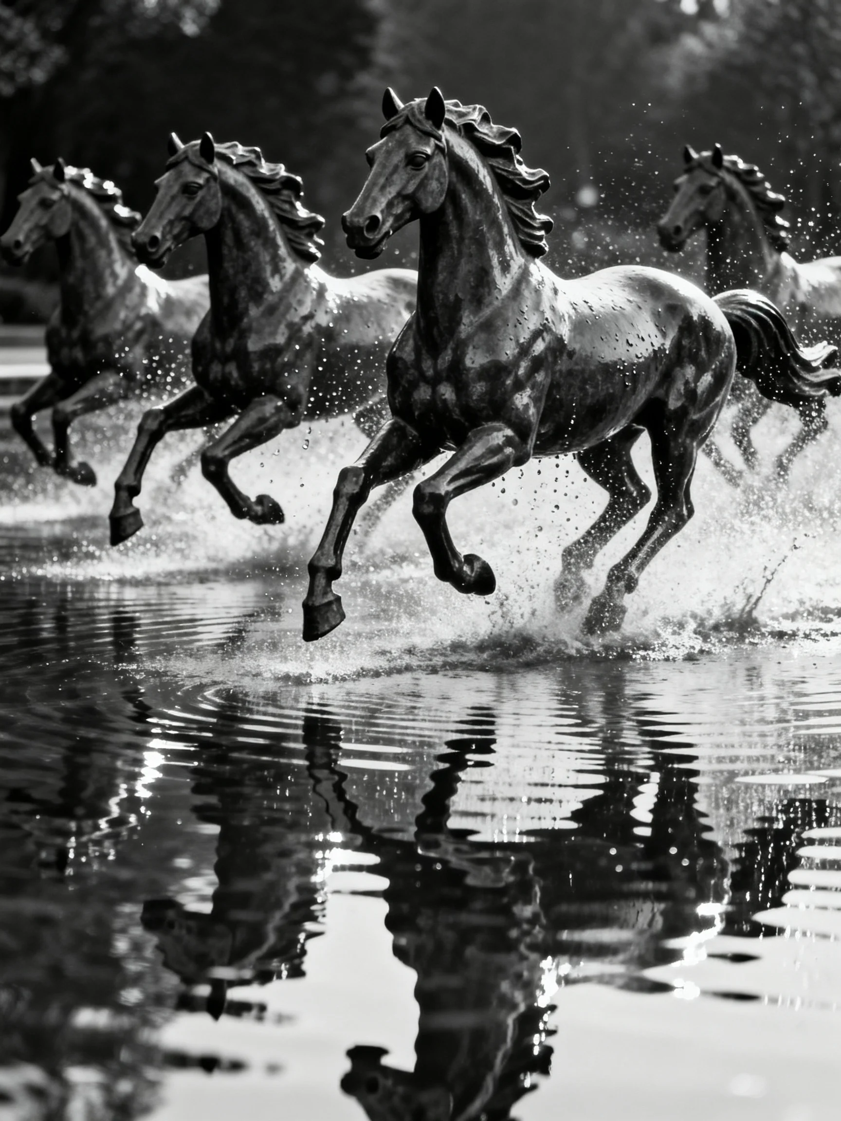 Four bronze horse statues gallop through splashing water