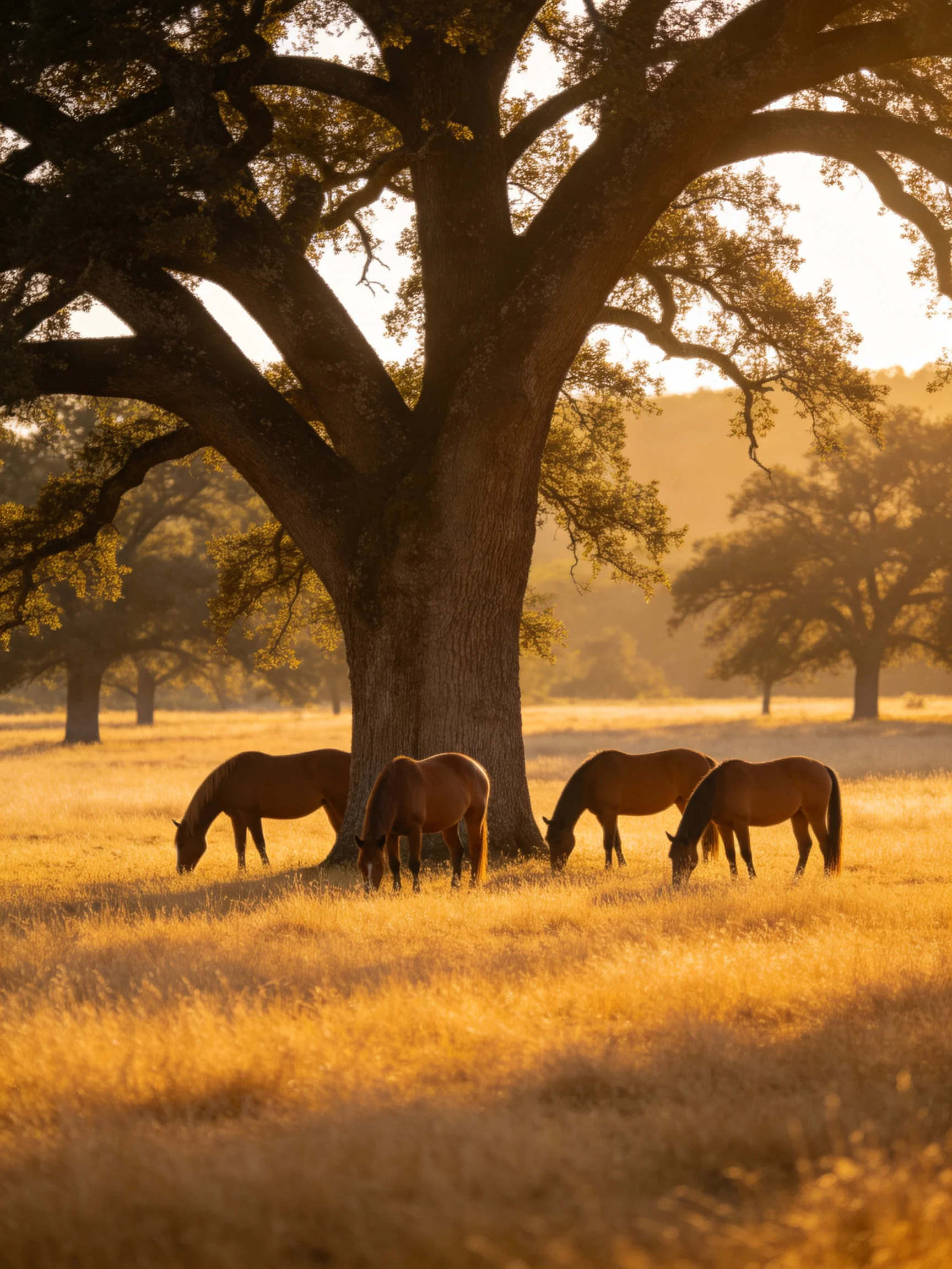 Four brown horses graze beneath a massive ancient oak in a golden field