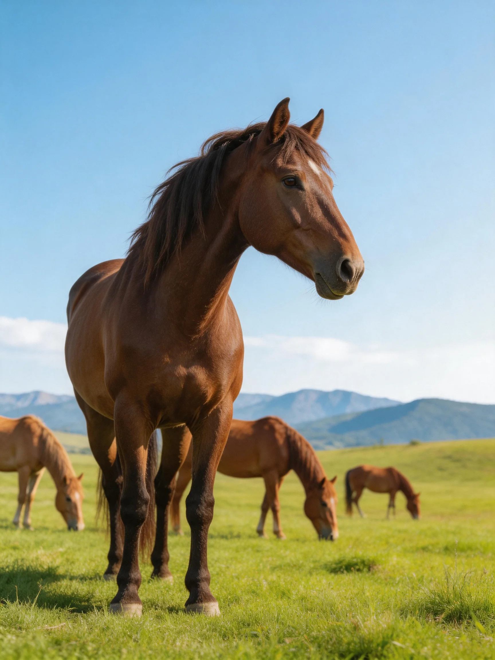 Four brown horses graze in a lush green meadow under clear blue skies
