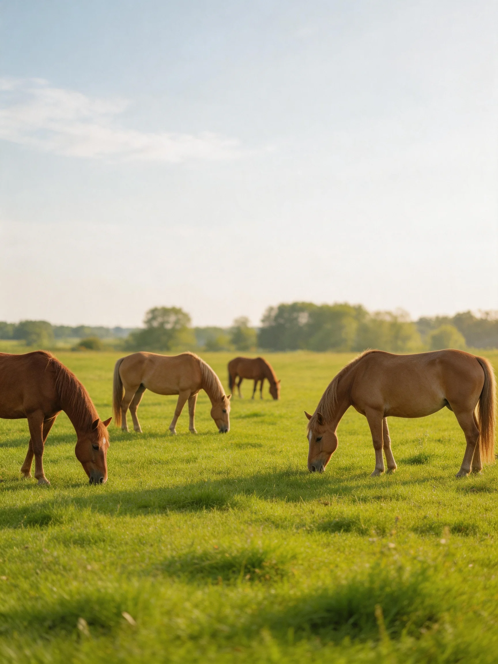 Four brown horses graze in a vibrant green pasture under clear sky