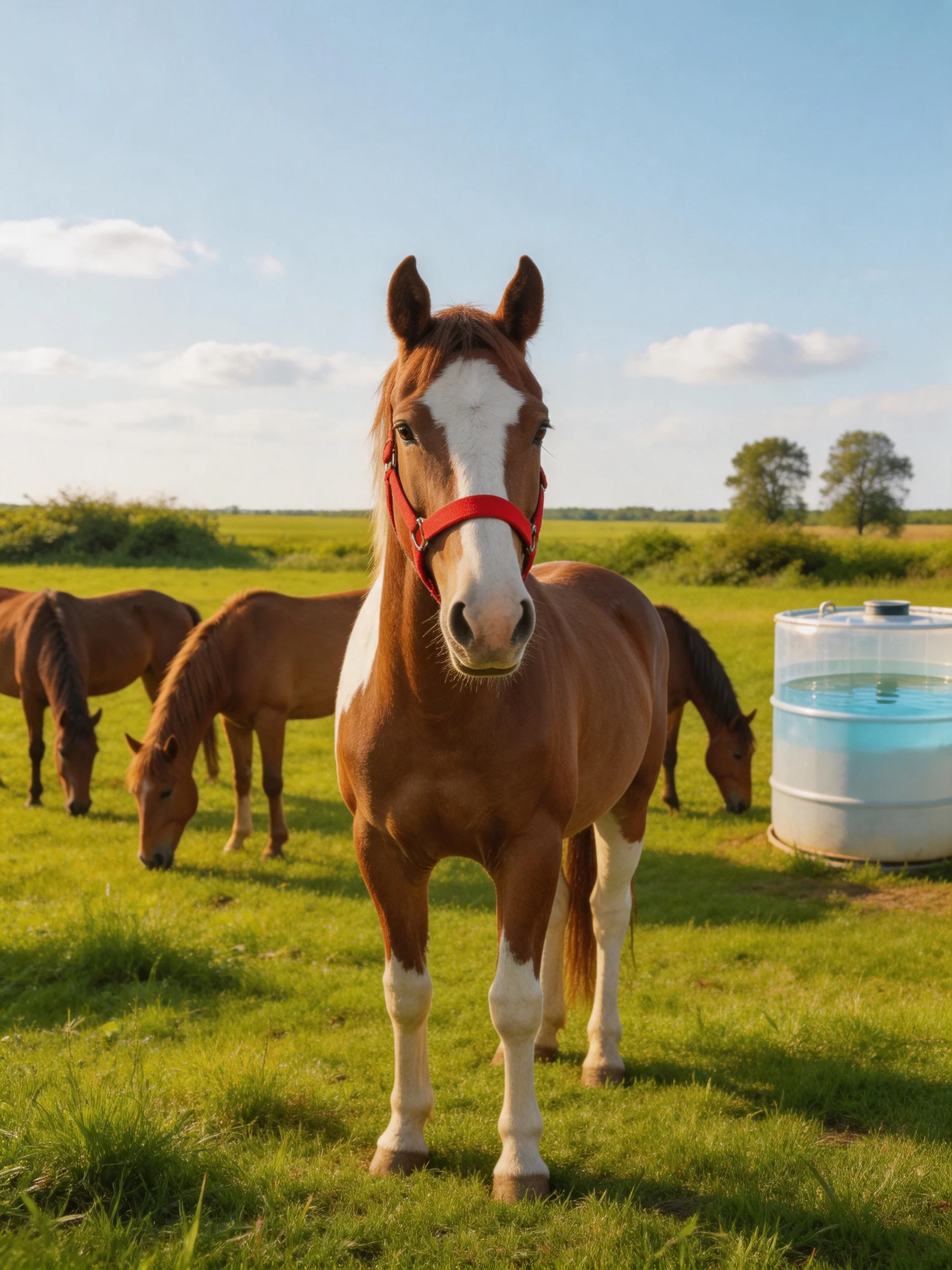 Four brown horses graze near a large white water barrel