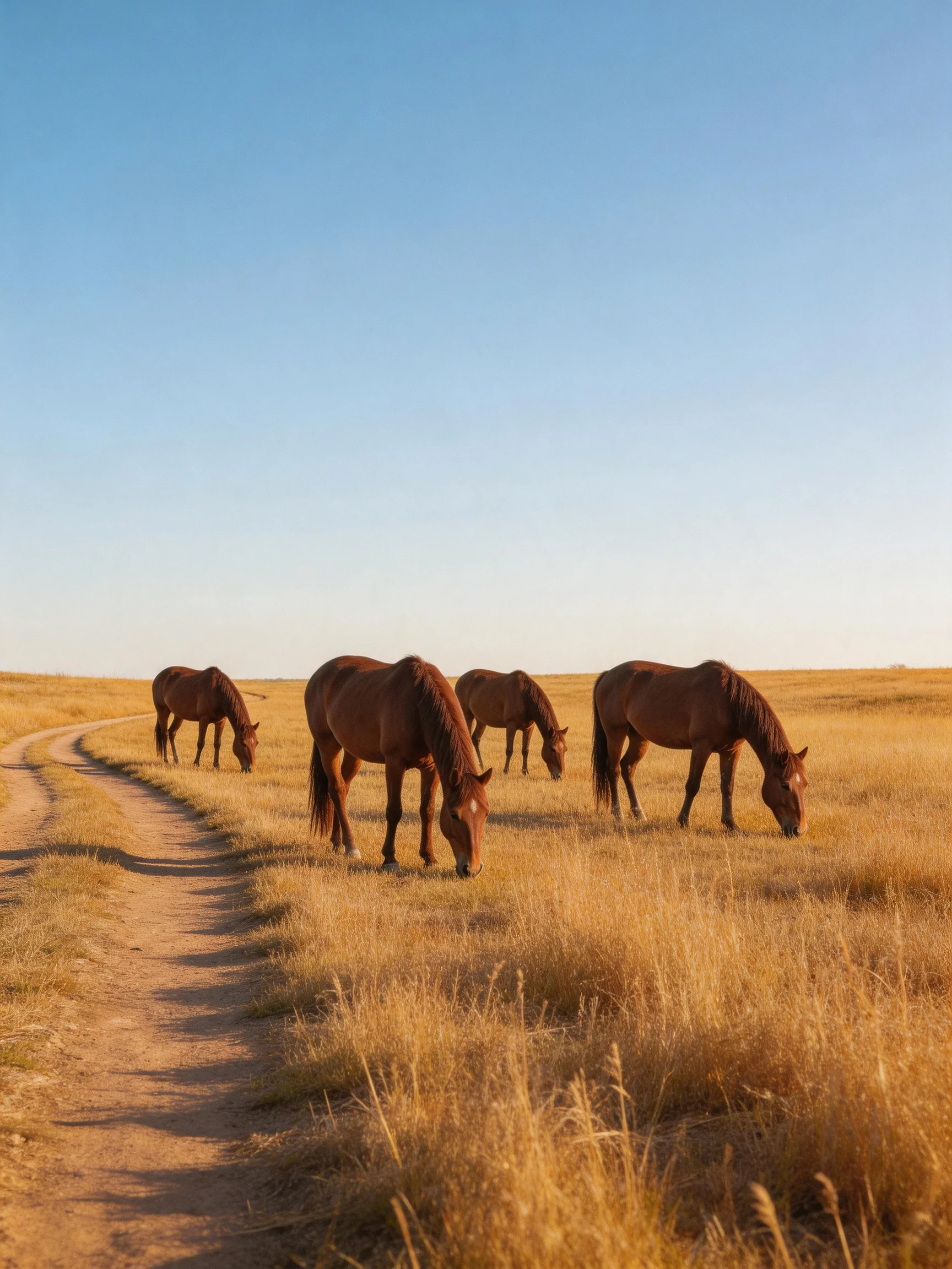 Four brown horses graze near a dirt path in golden fields.