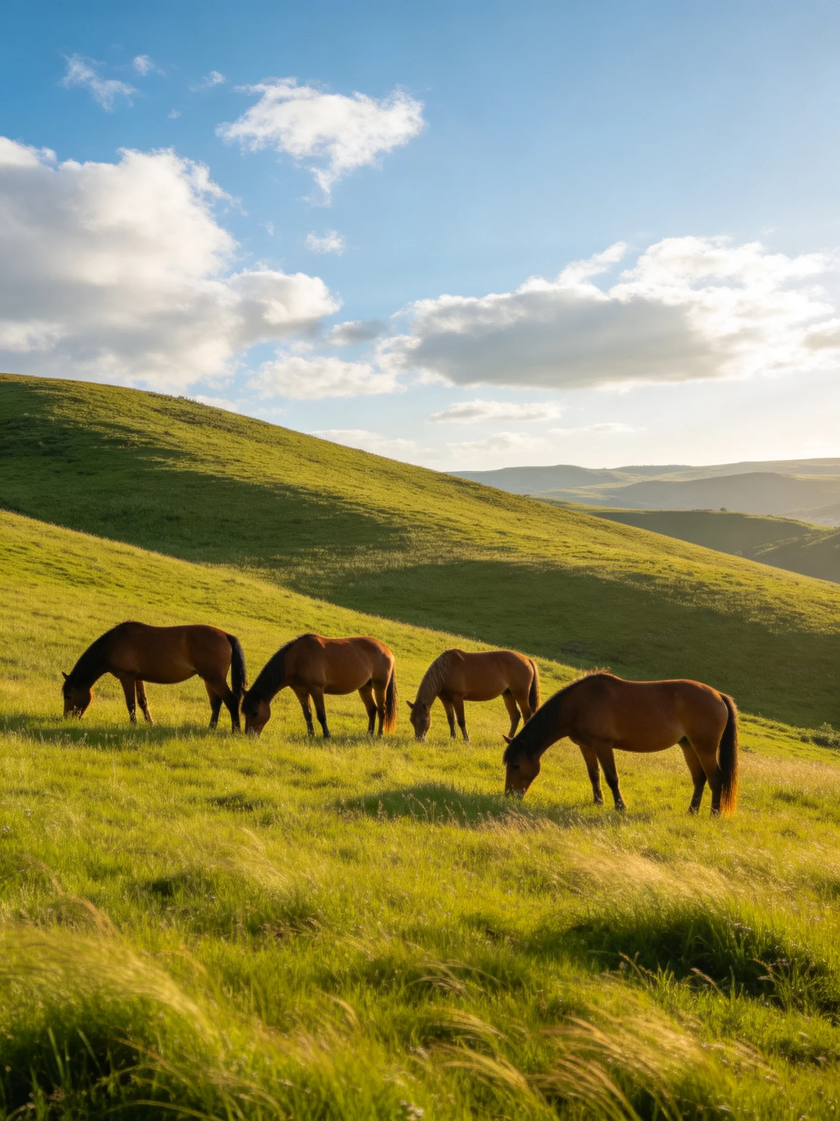 Four brown horses graze on lush green hills in a sunny pasture.