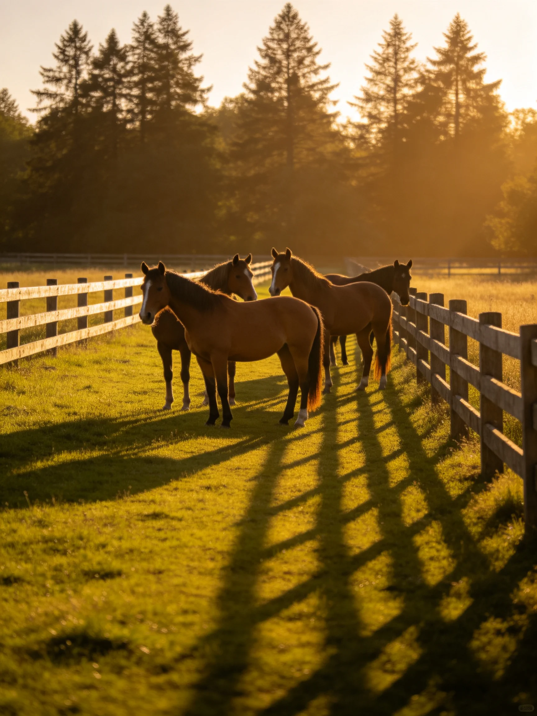 Four horses gather near a wooden fence in a sunlit pasture.