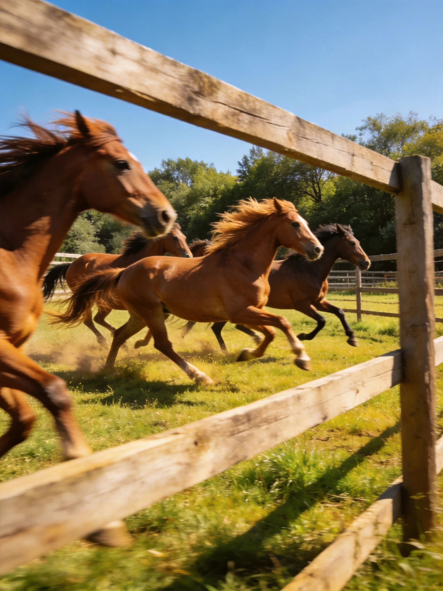 Four chestnut and brown horses gallop near a wooden fence