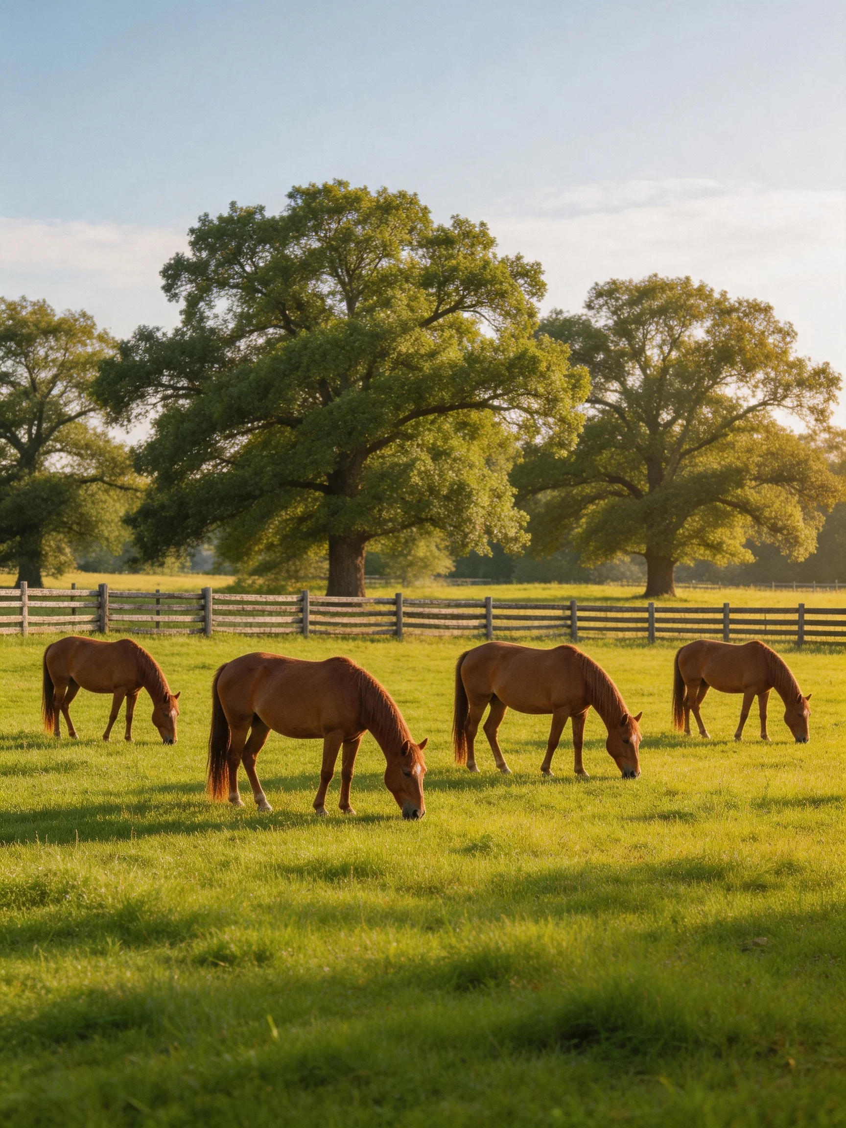 Four chestnut horses graze in a sunlit green pasture with large oak trees