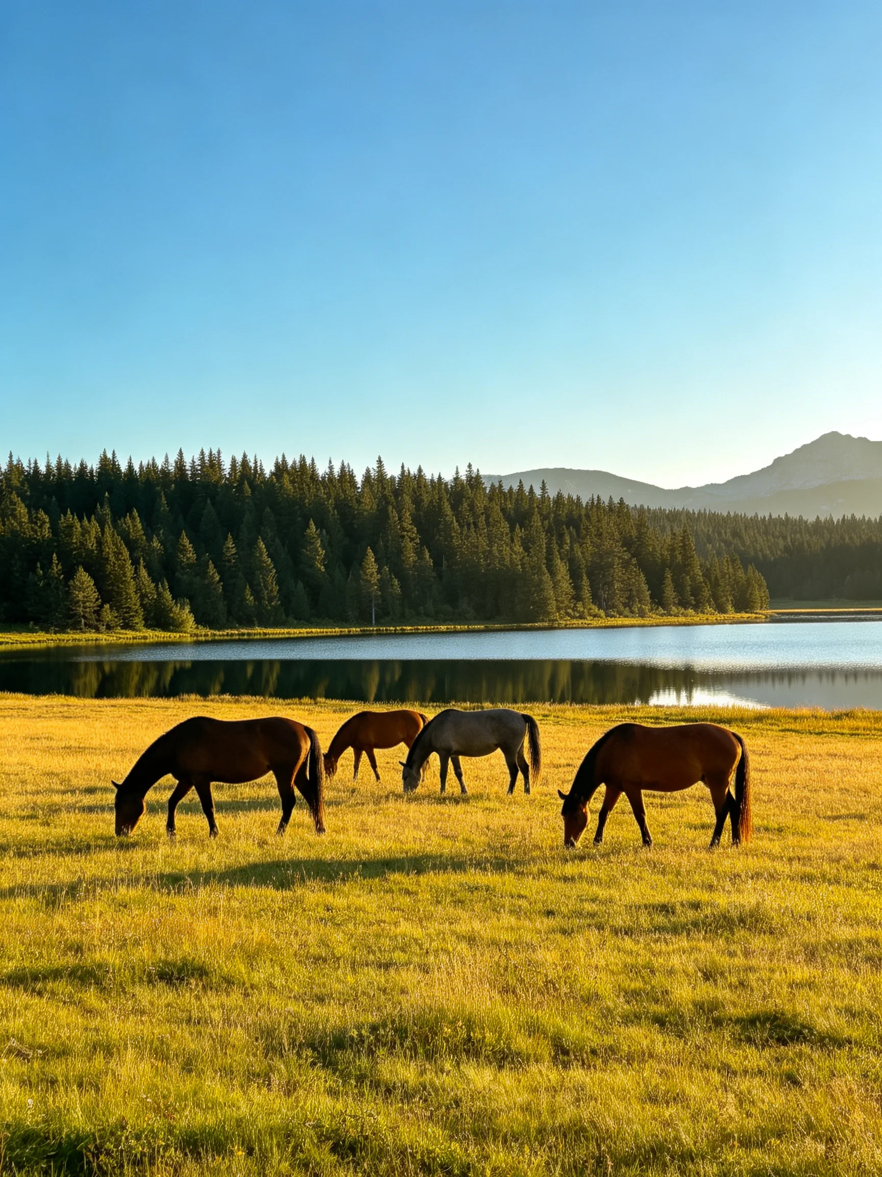 Four horses graze in a golden meadow near a calm lake
