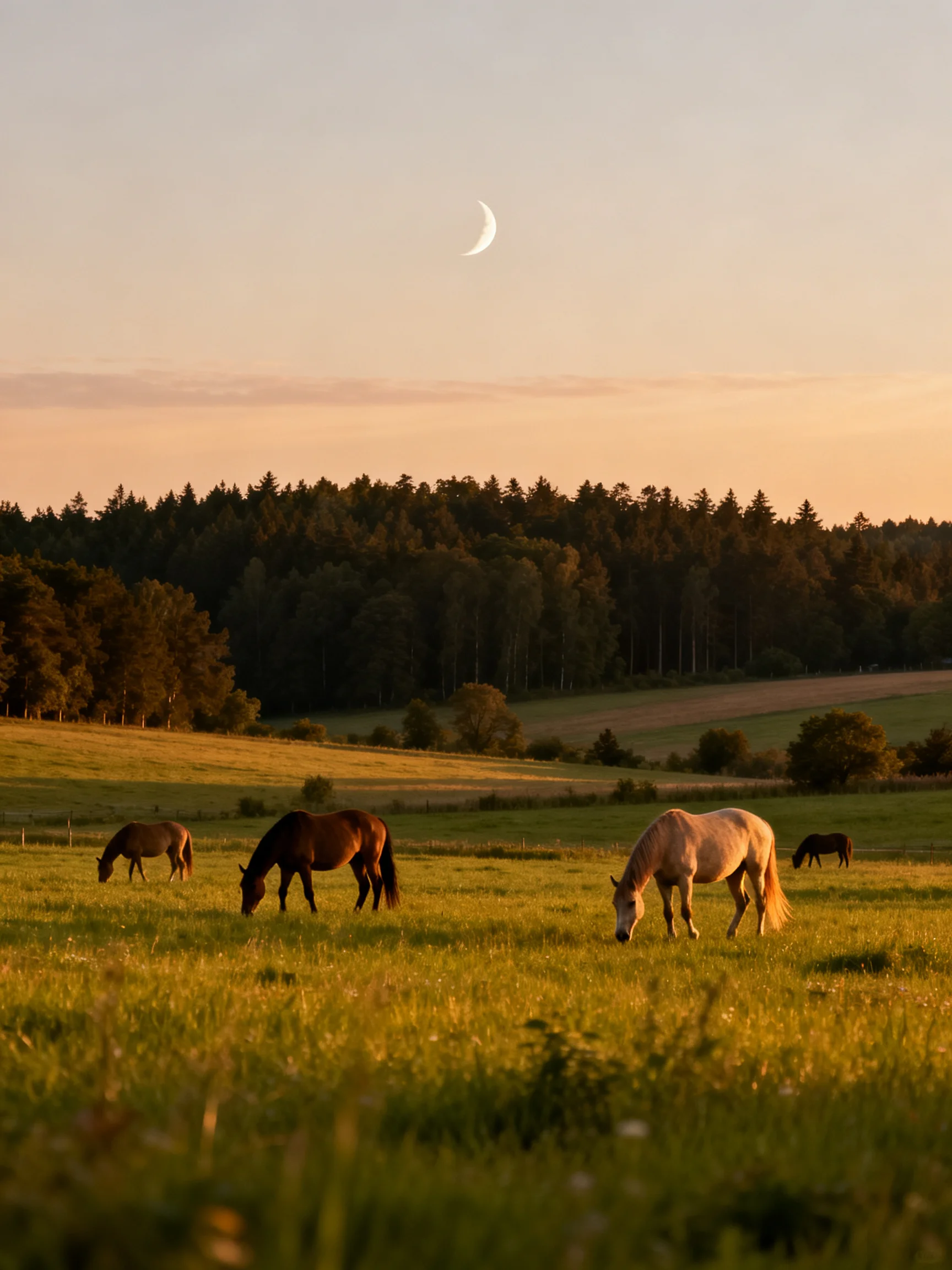 Four horses graze in a golden meadow near a forested horizon with a crescent moon