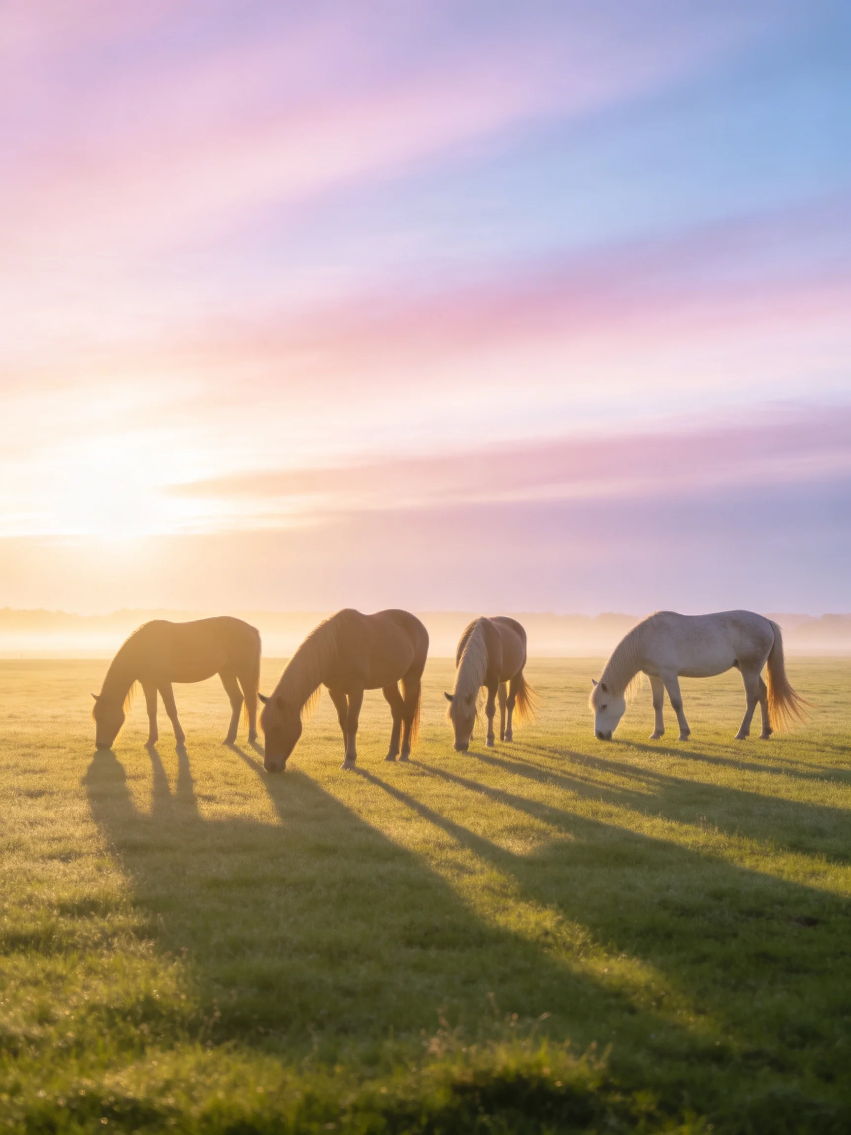 Four horses graze in a misty field at sunrise