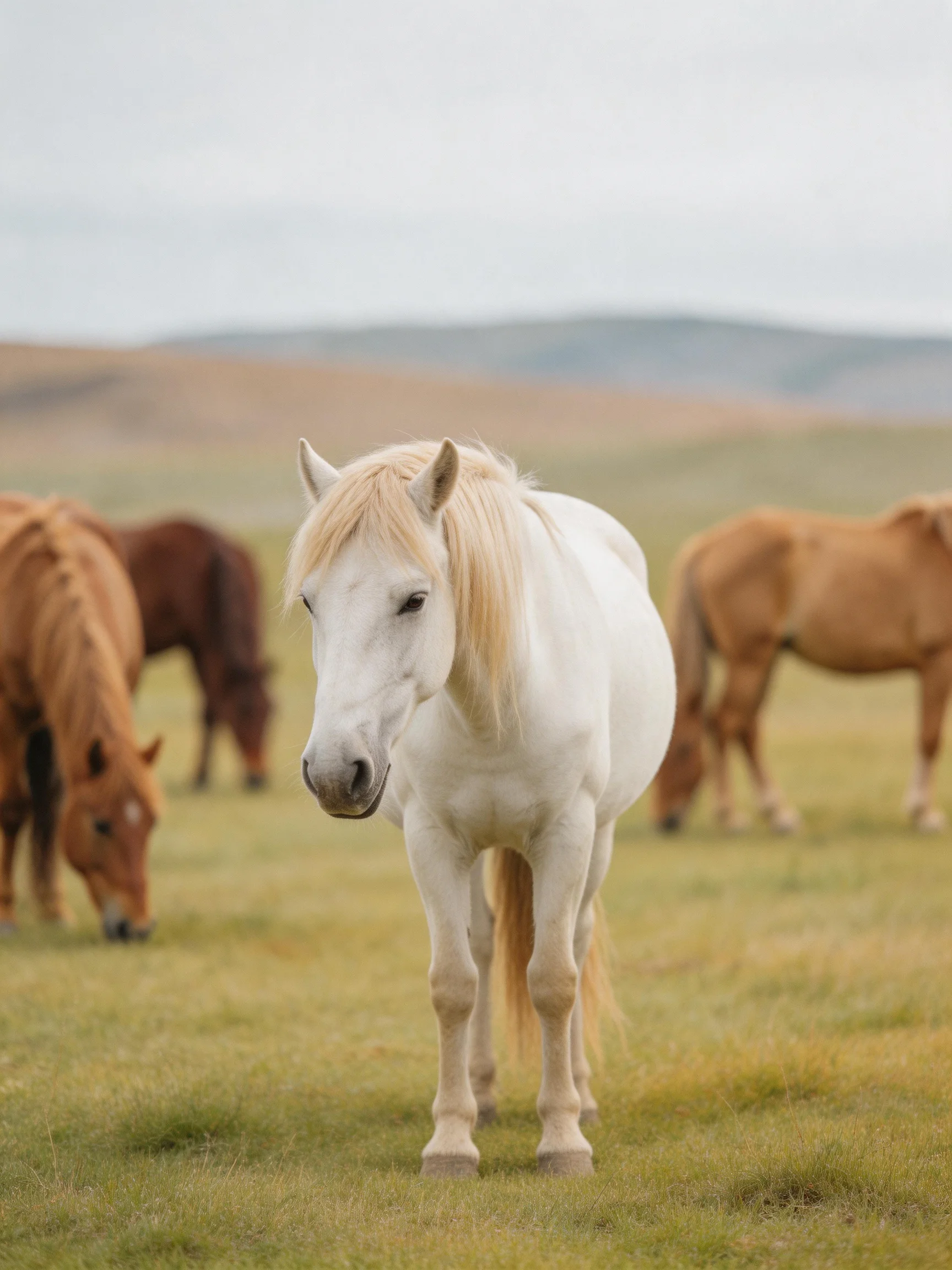 Four horses graze in a spacious field, with a bright white one centered.