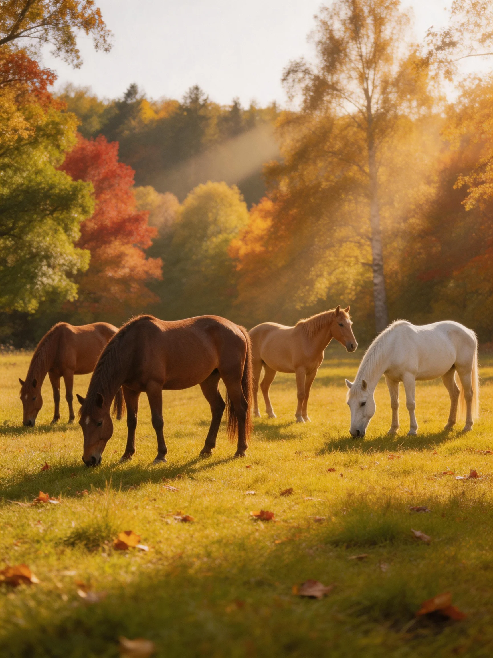 Four horses graze in a sunlit autumn meadow with colorful foliage