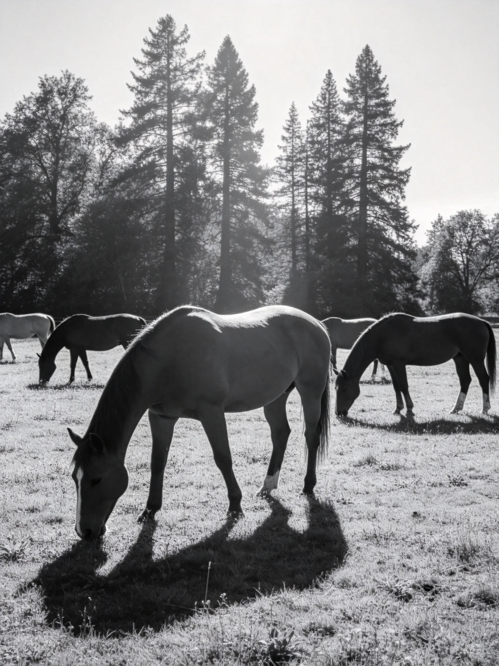Horses graze in a sunlit field with tall evergreen trees in the background.