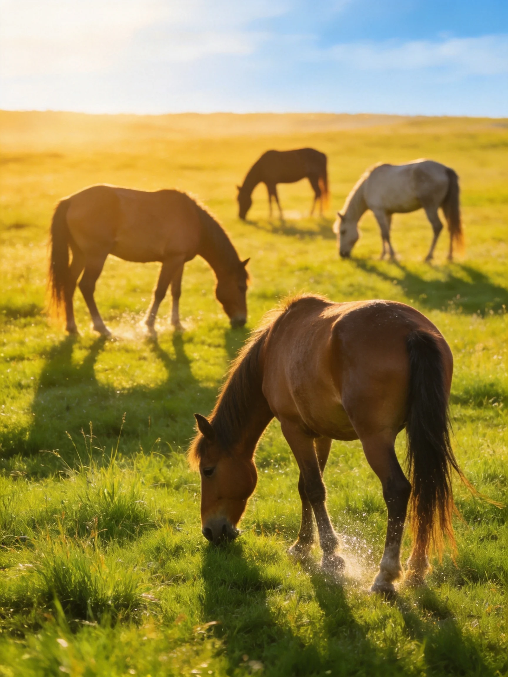 Four horses graze in a sunlit golden-green meadow