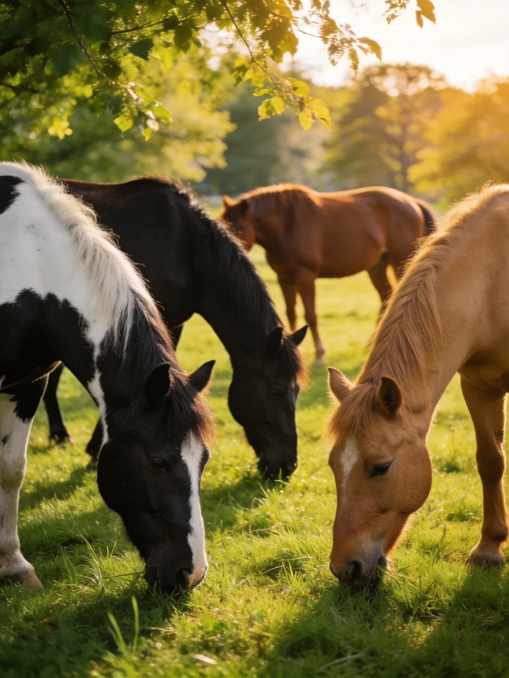 Four horses graze in a sunlit green meadow with varied coat patterns