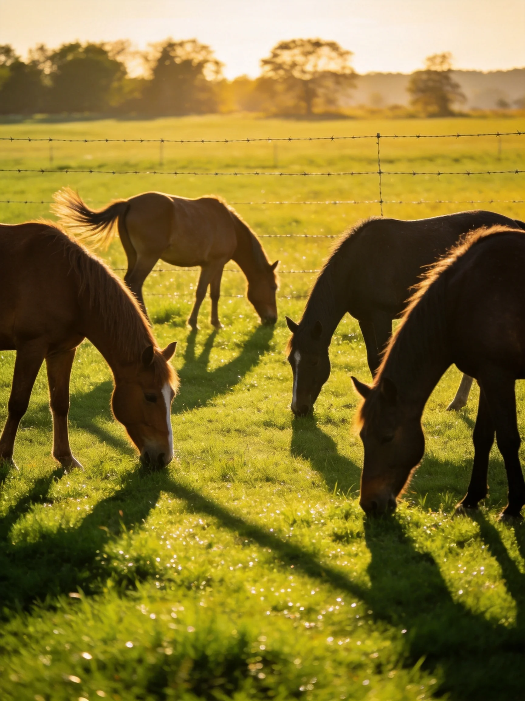 Four horses graze in a sunlit pasture.