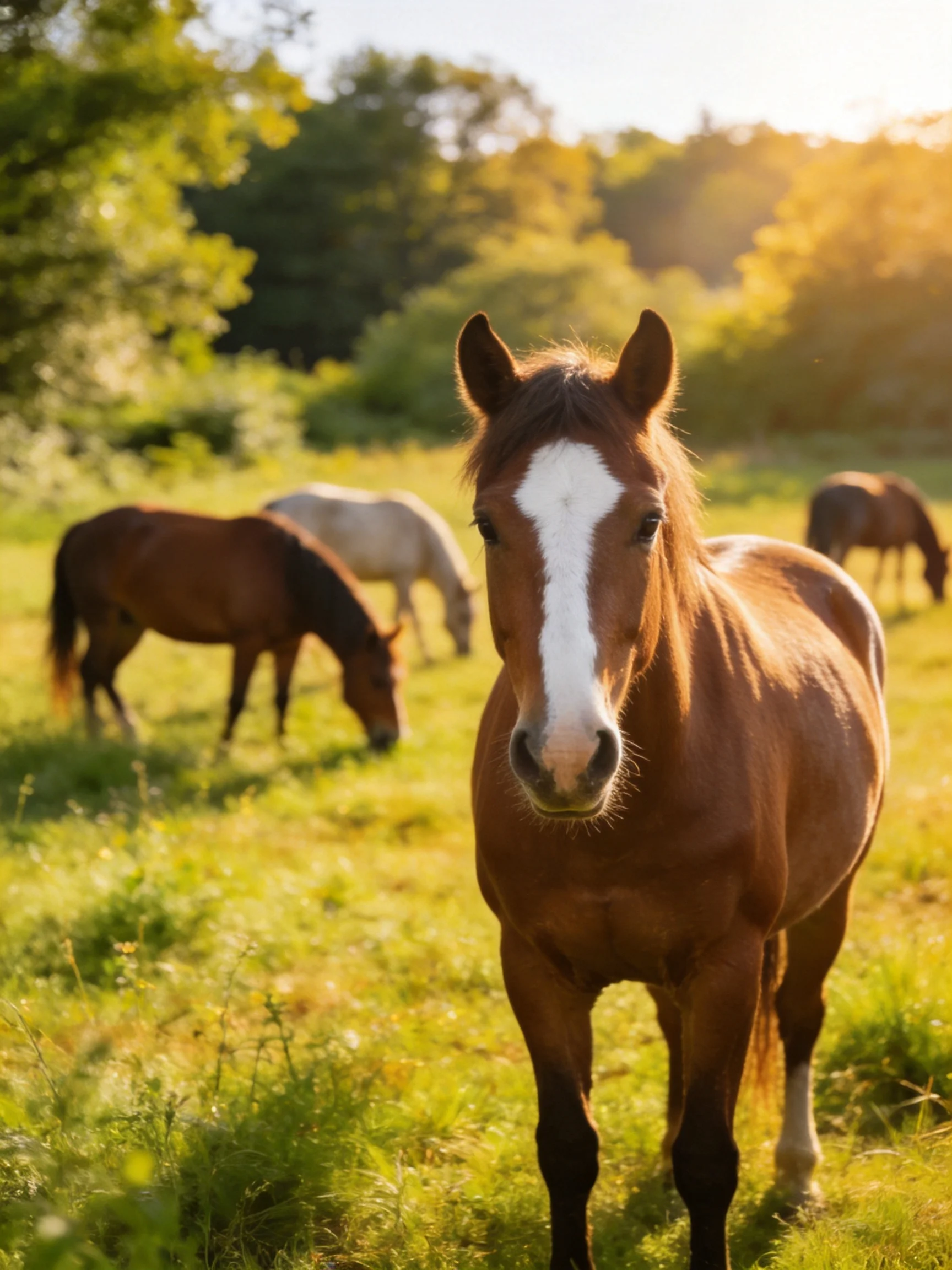 Four horses graze in a sunlit green pasture with golden-hour lighting