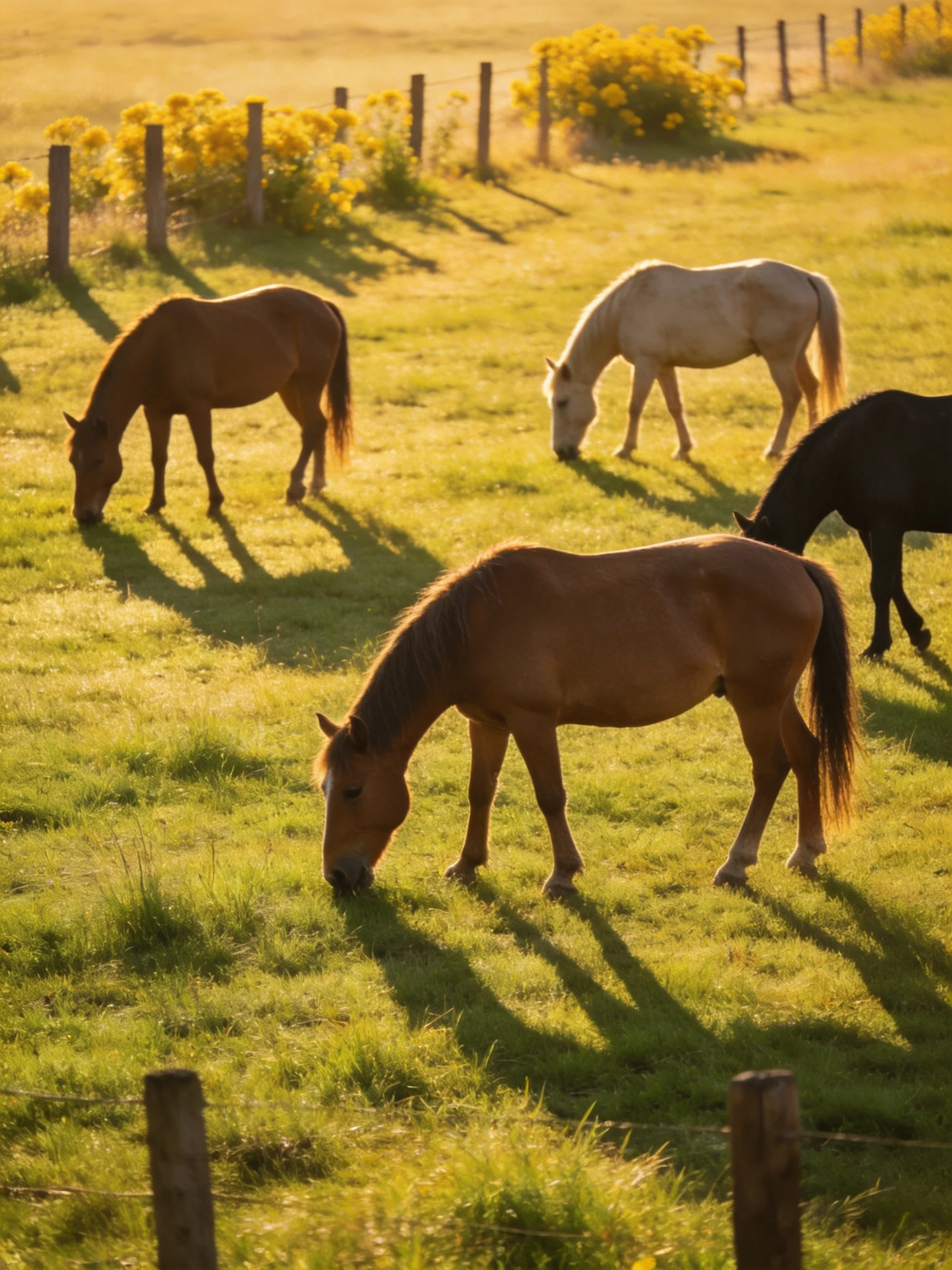 Four horses graze in a sunlit pasture with yellow-flowered bushes and wooden fences.