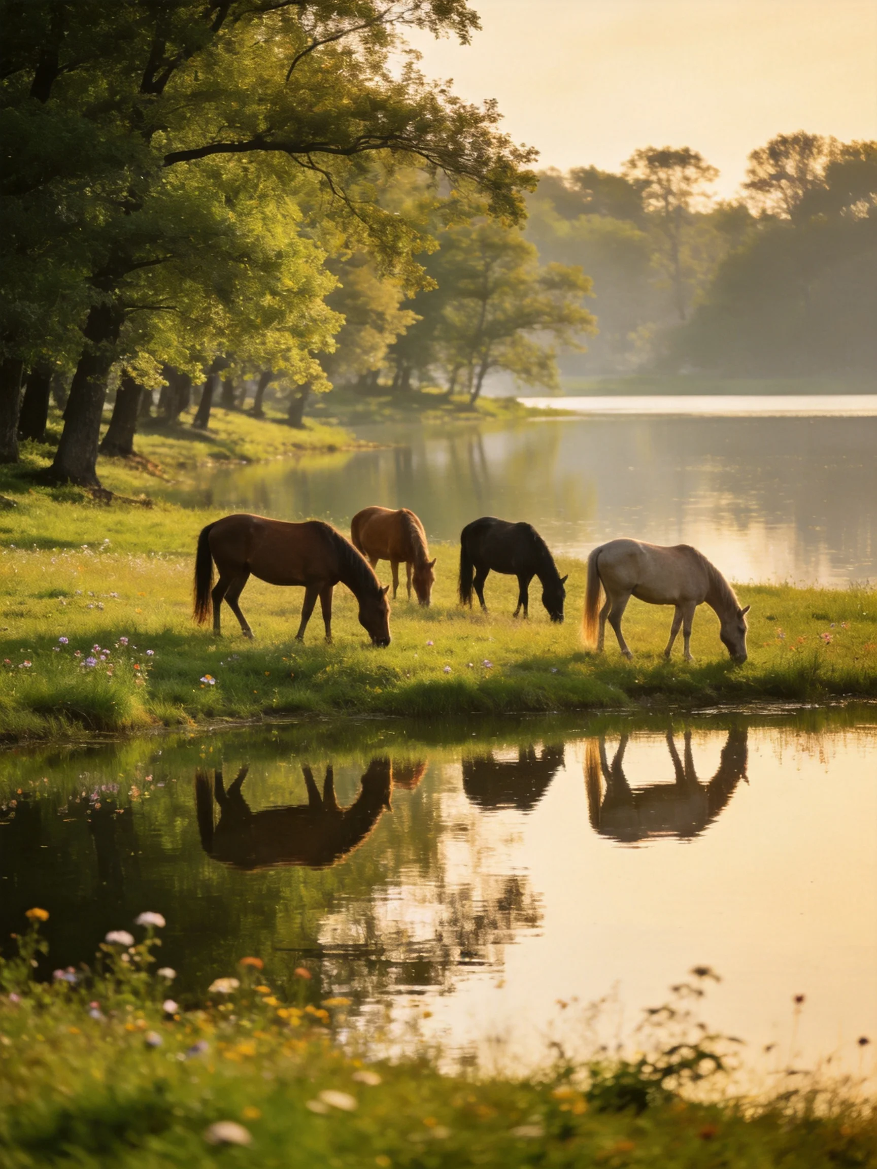 Four horses graze peacefully beside a reflective lake in a sunlit area.