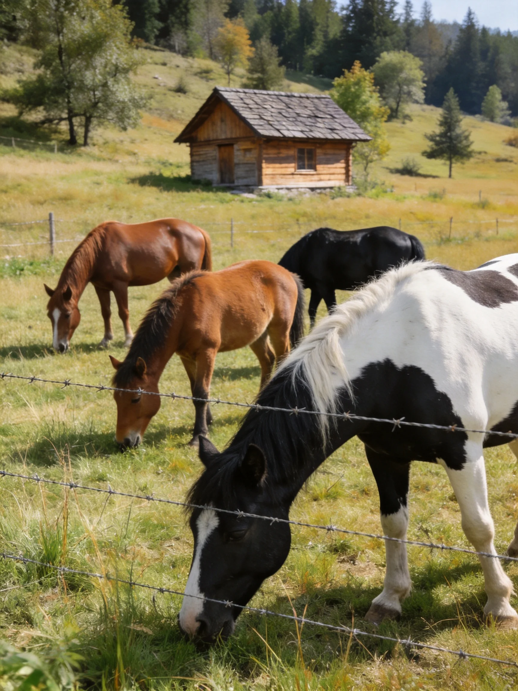 Four horses graze near a rustic wooden cabin in a sunny meadow