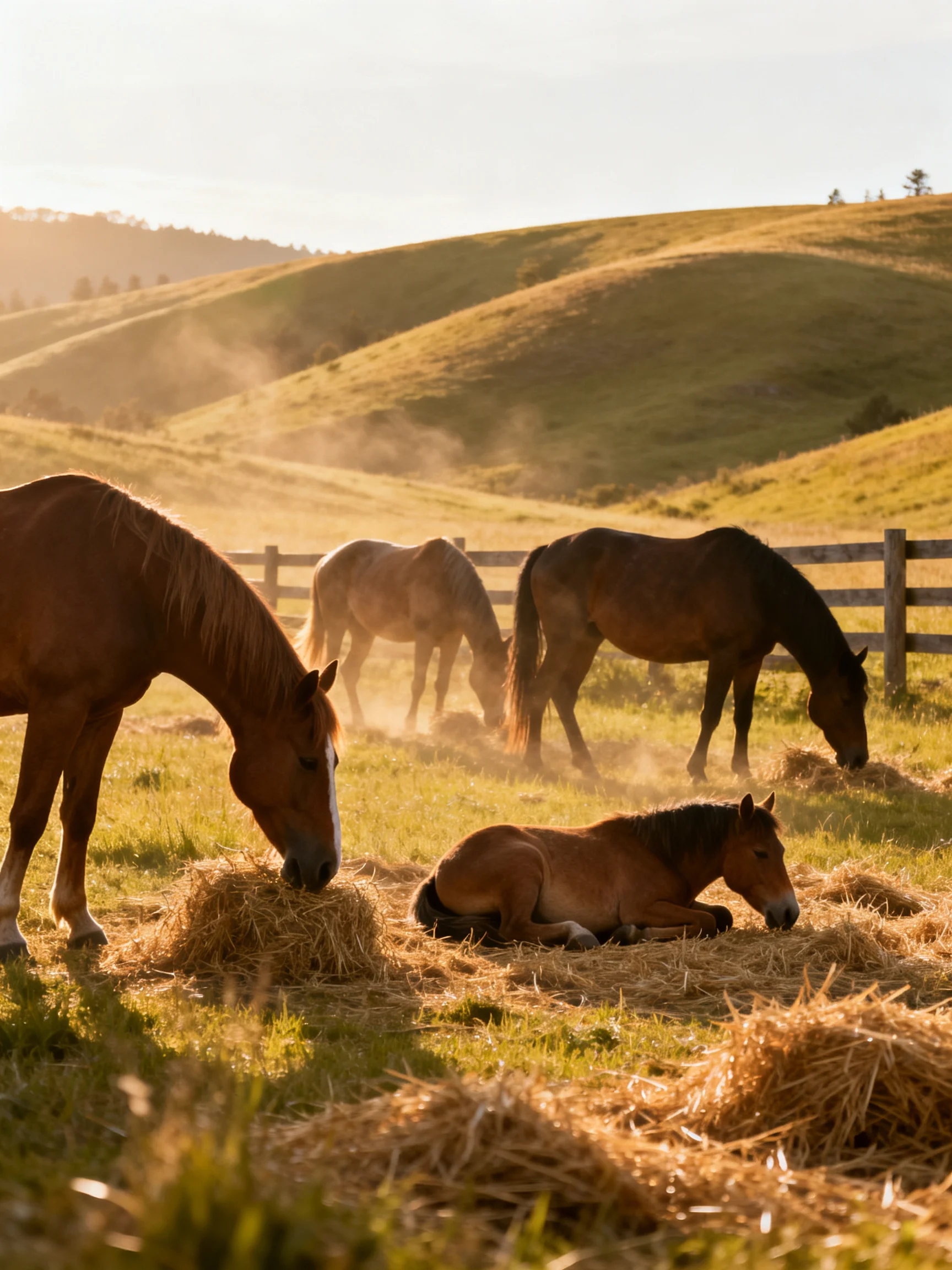 Four horses graze near hay piles in golden countryside
