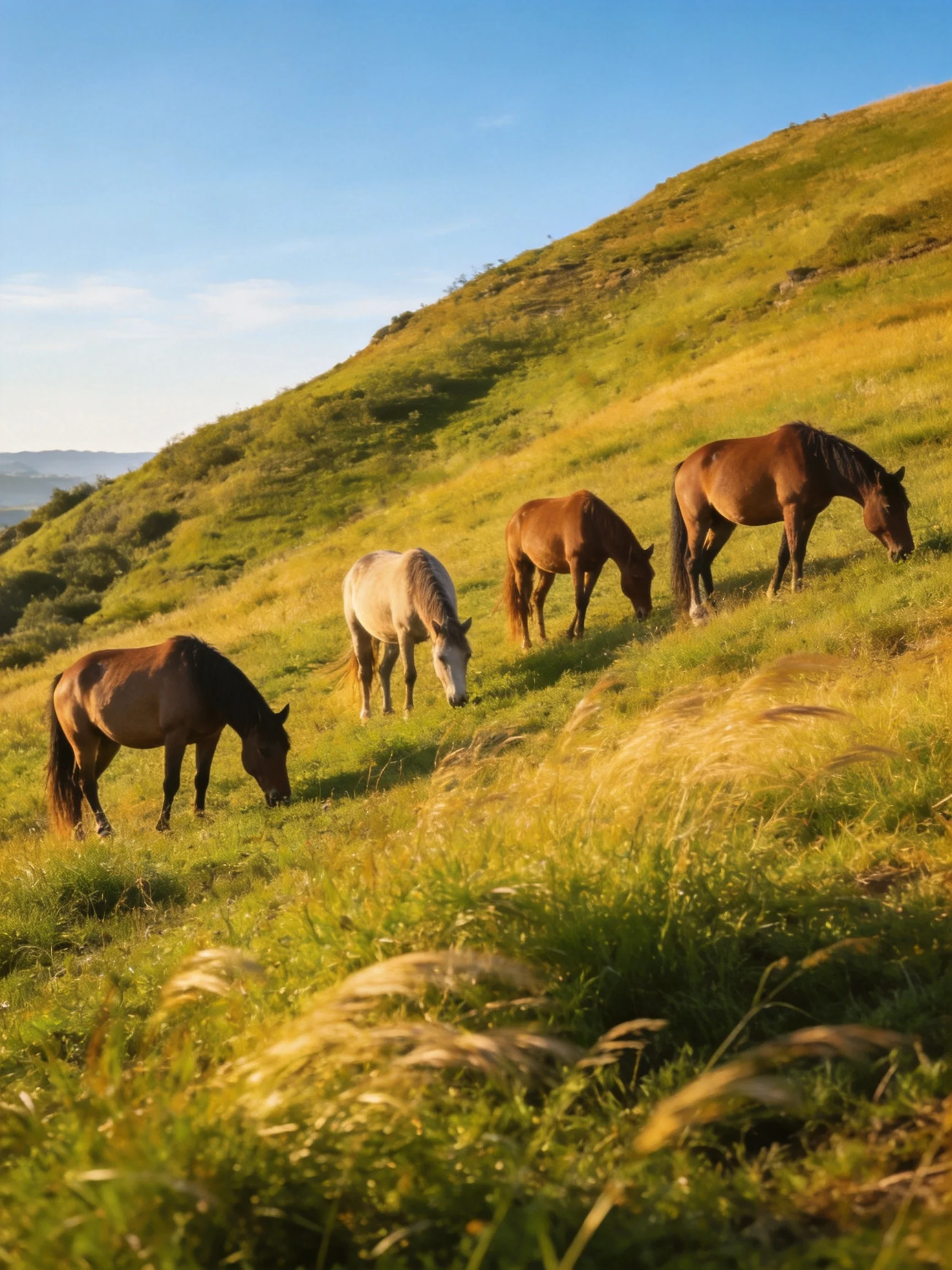 Four horses graze on a golden-green rolling hillside