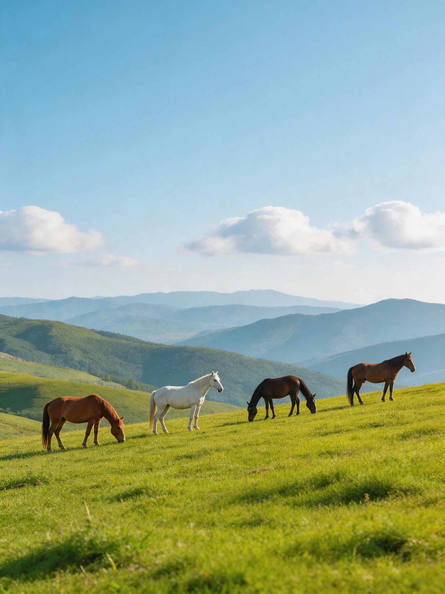 Four horses graze on a lush green hillside with distant mountains