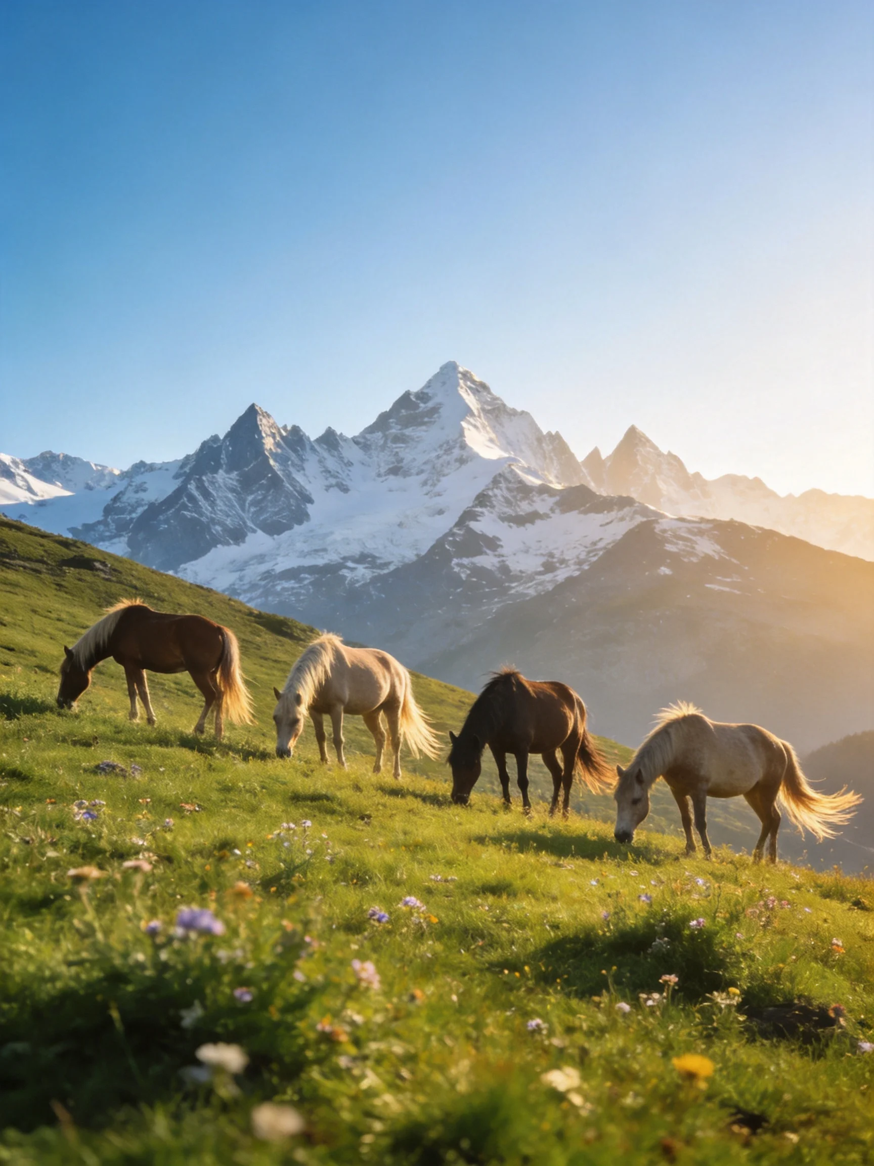 Four horses graze on a green hillside with snow-capped mountains in the background.