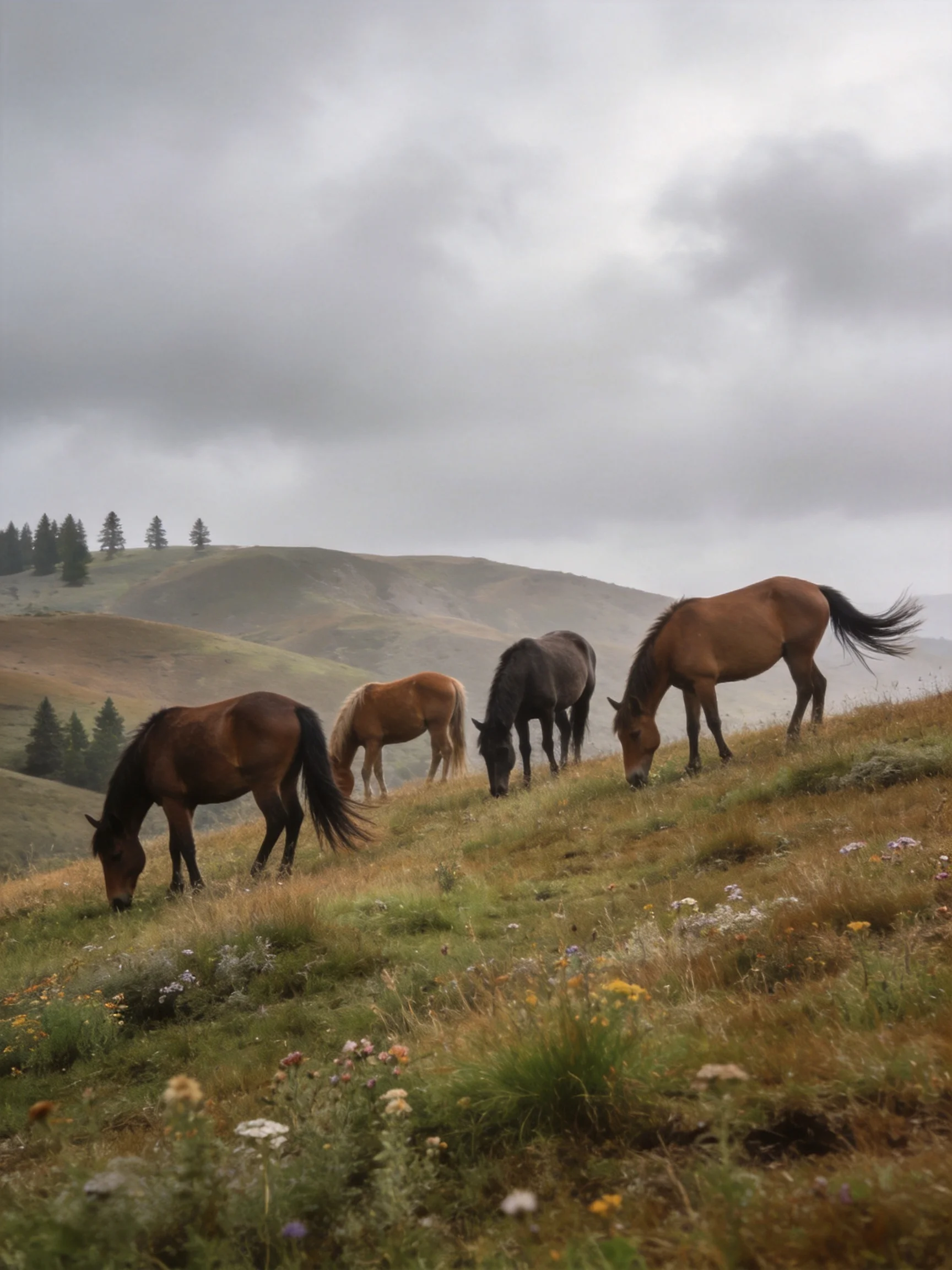 Four horses graze on a misty hillside with rolling green hills