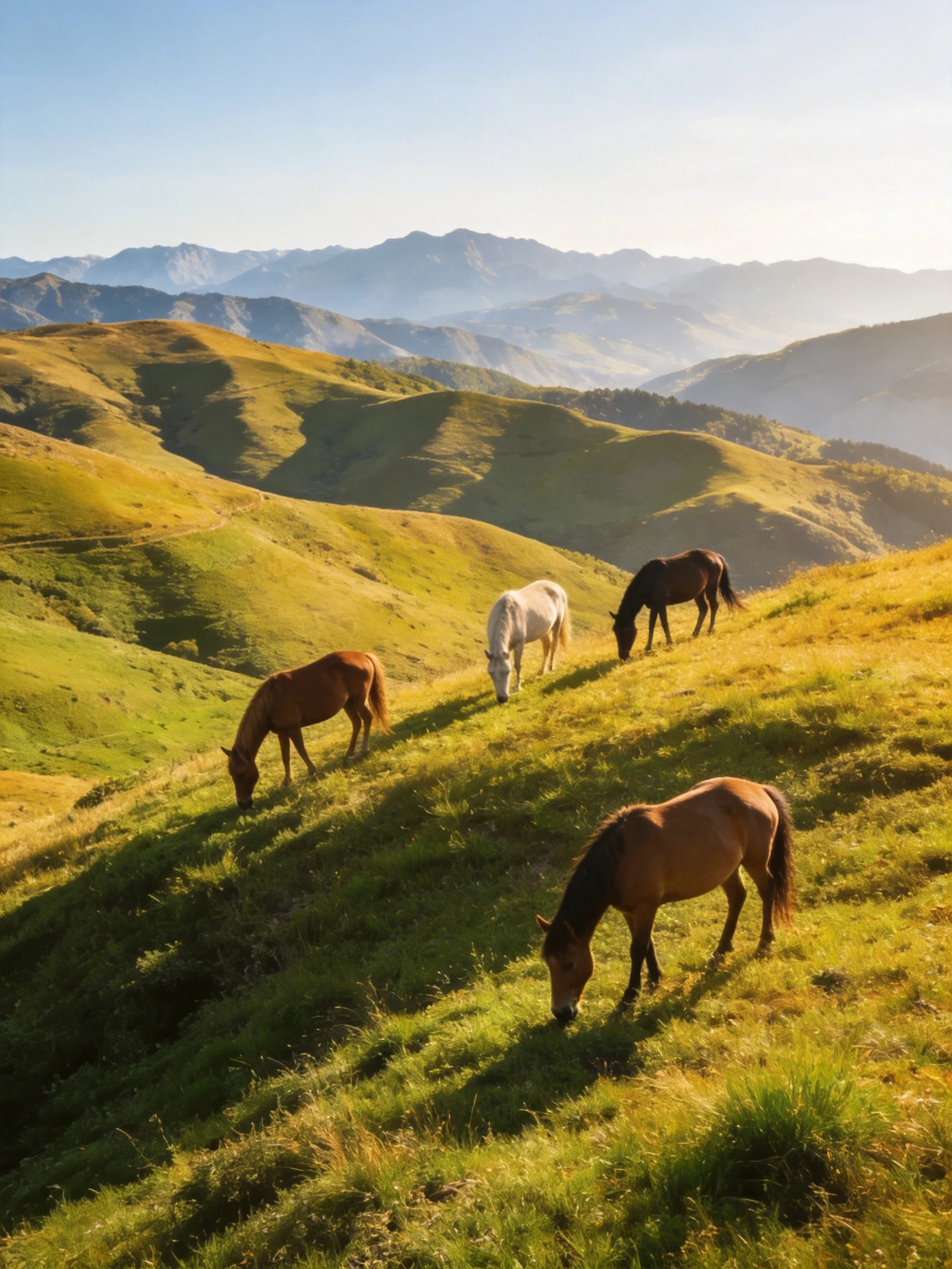 Four horses graze on lush green hills with a mountainous backdrop
