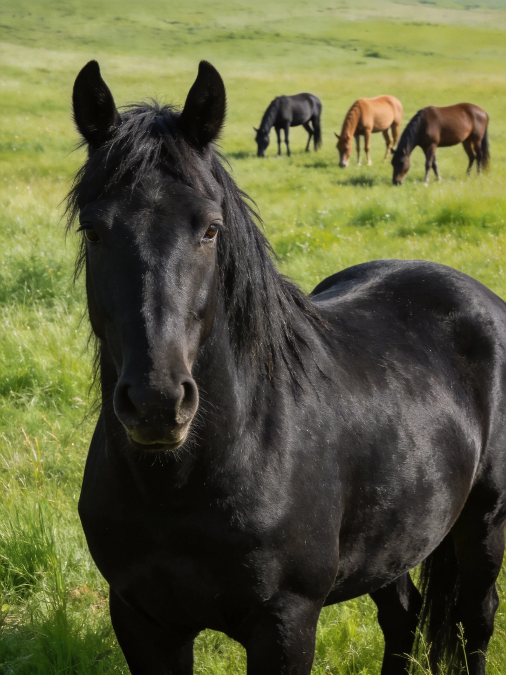 Horses graze in a green meadow with a close - up black horse.