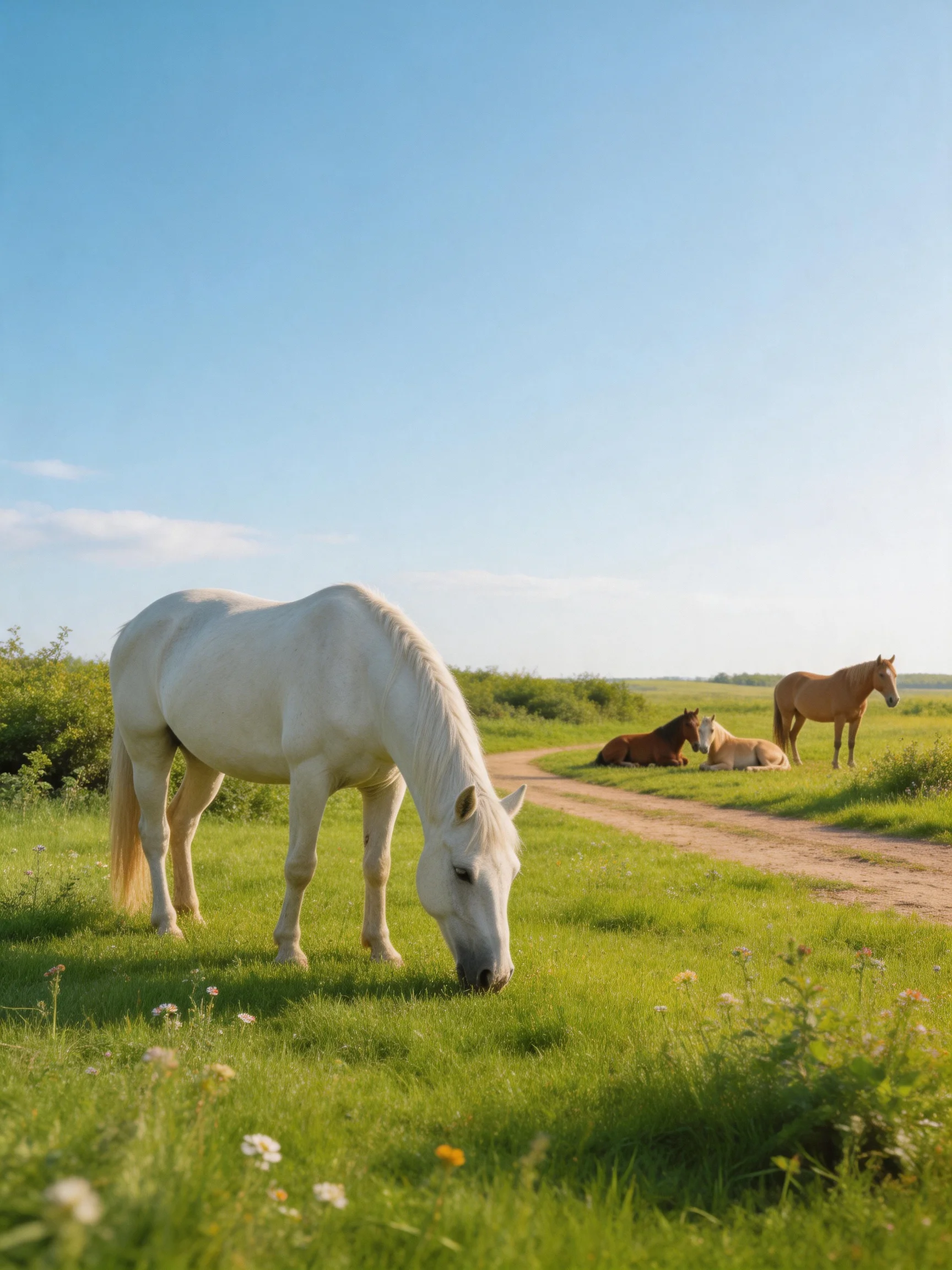 Horses graze and rest in a sunlit open field.