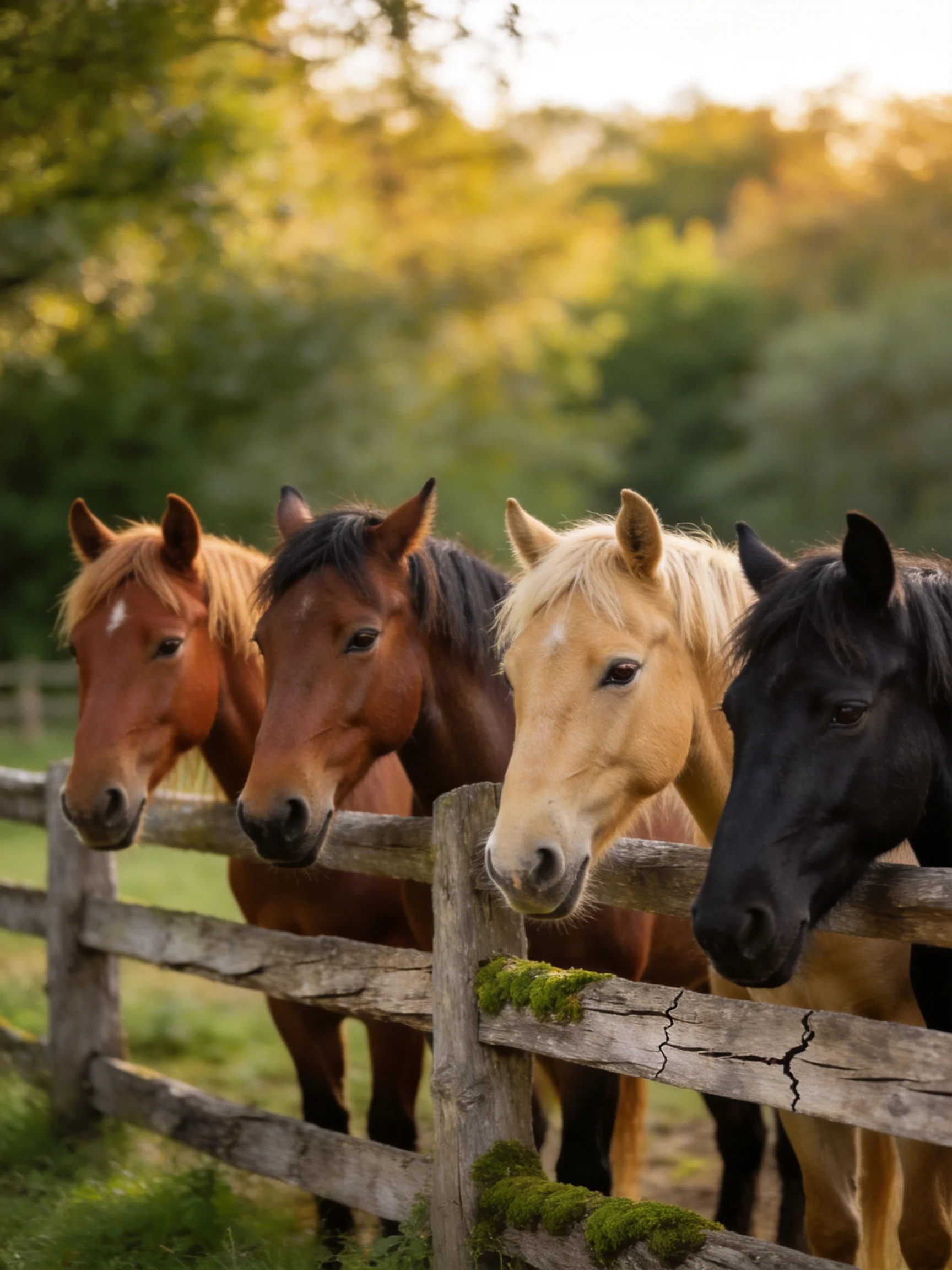 Four horses in diverse hues by a weathered wooden fence