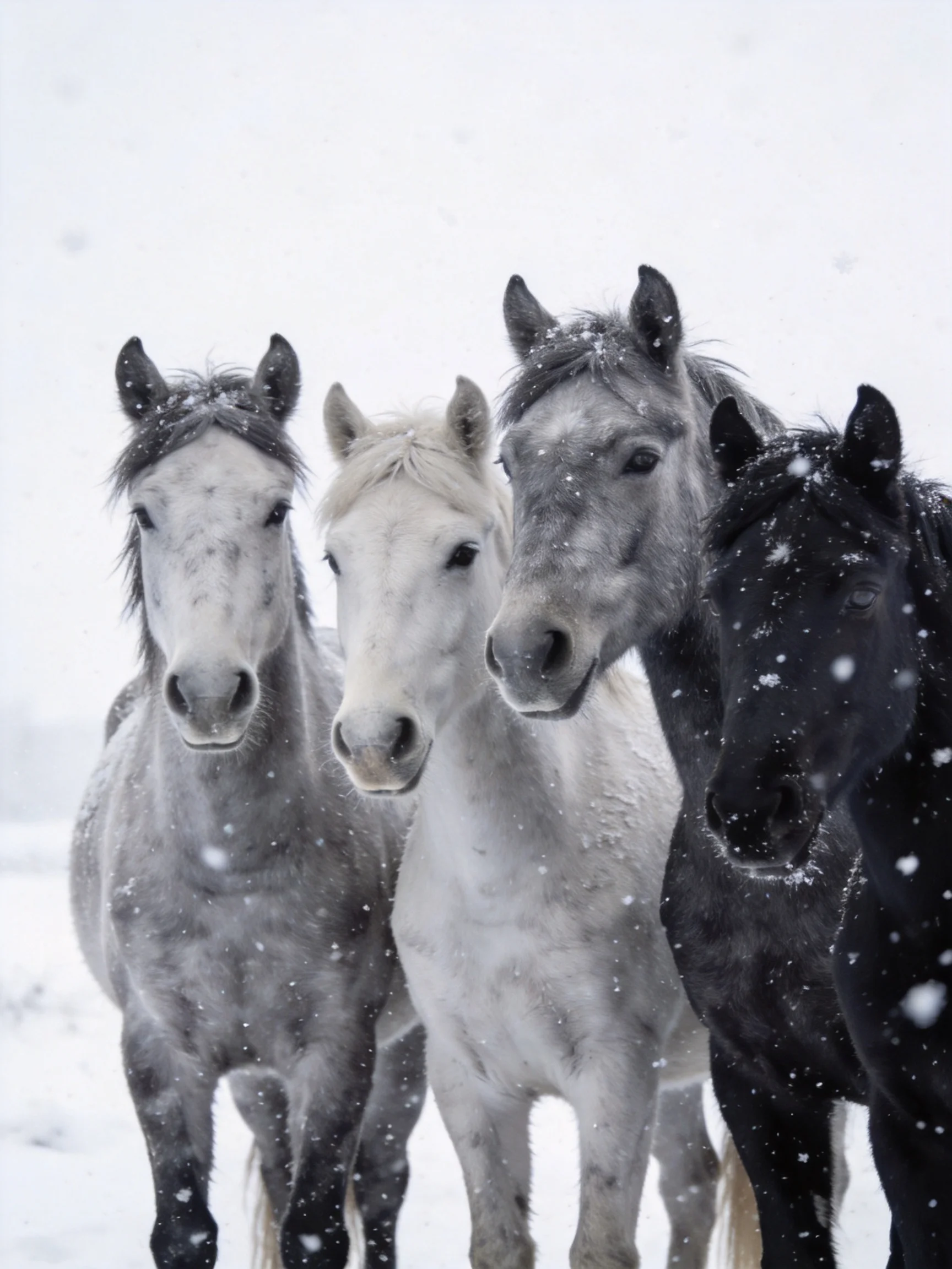 Four horses in varied shades gather in a snowy landscape