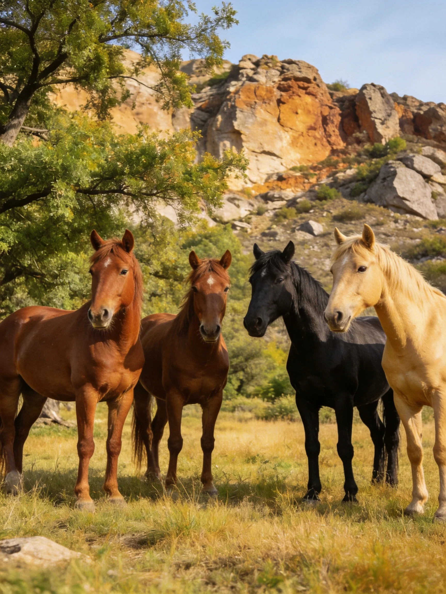 Four horses of assorted colors near rocky, green landscapes