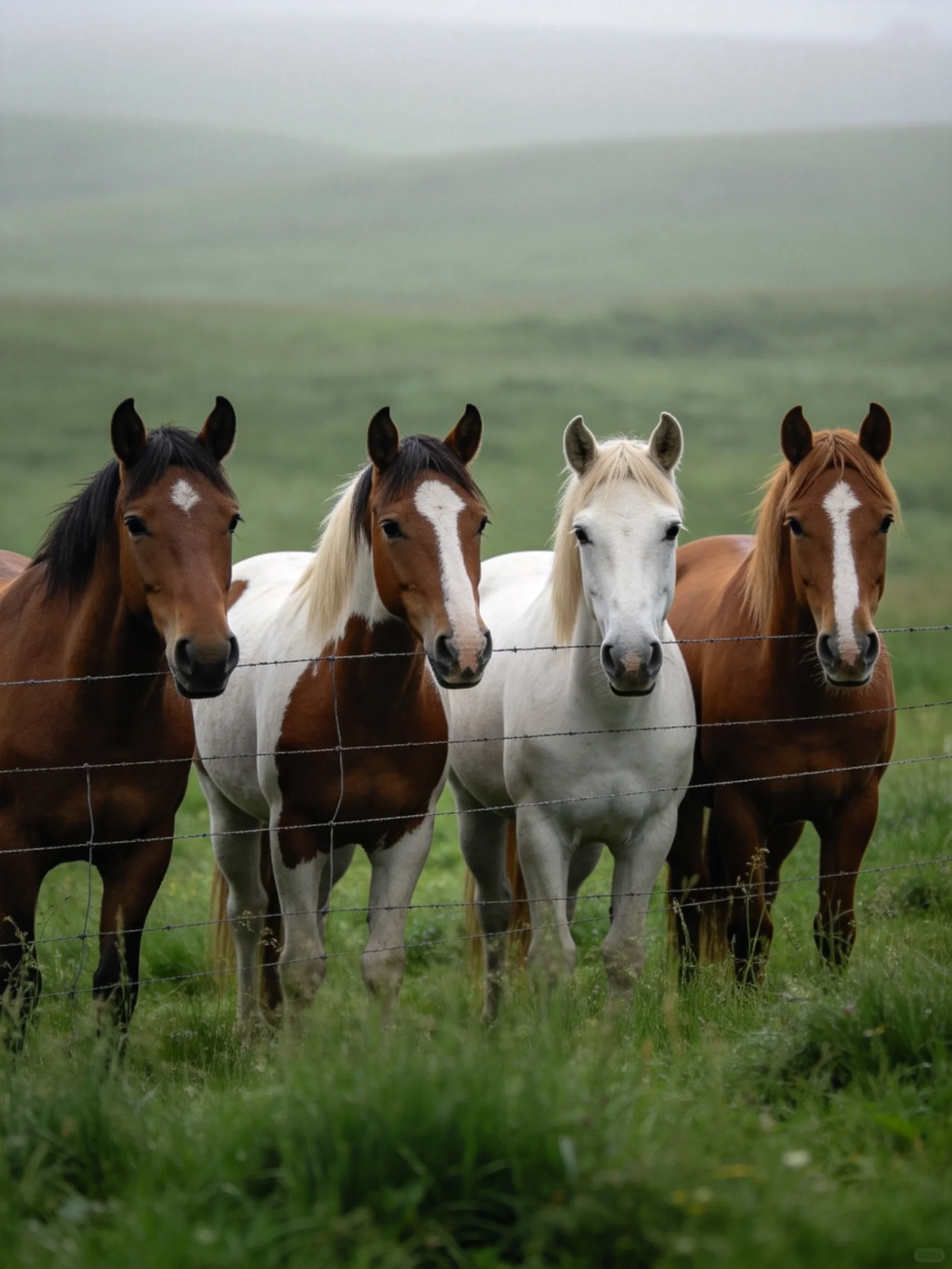 Four horses of diverse colors behind a barbed wire fence