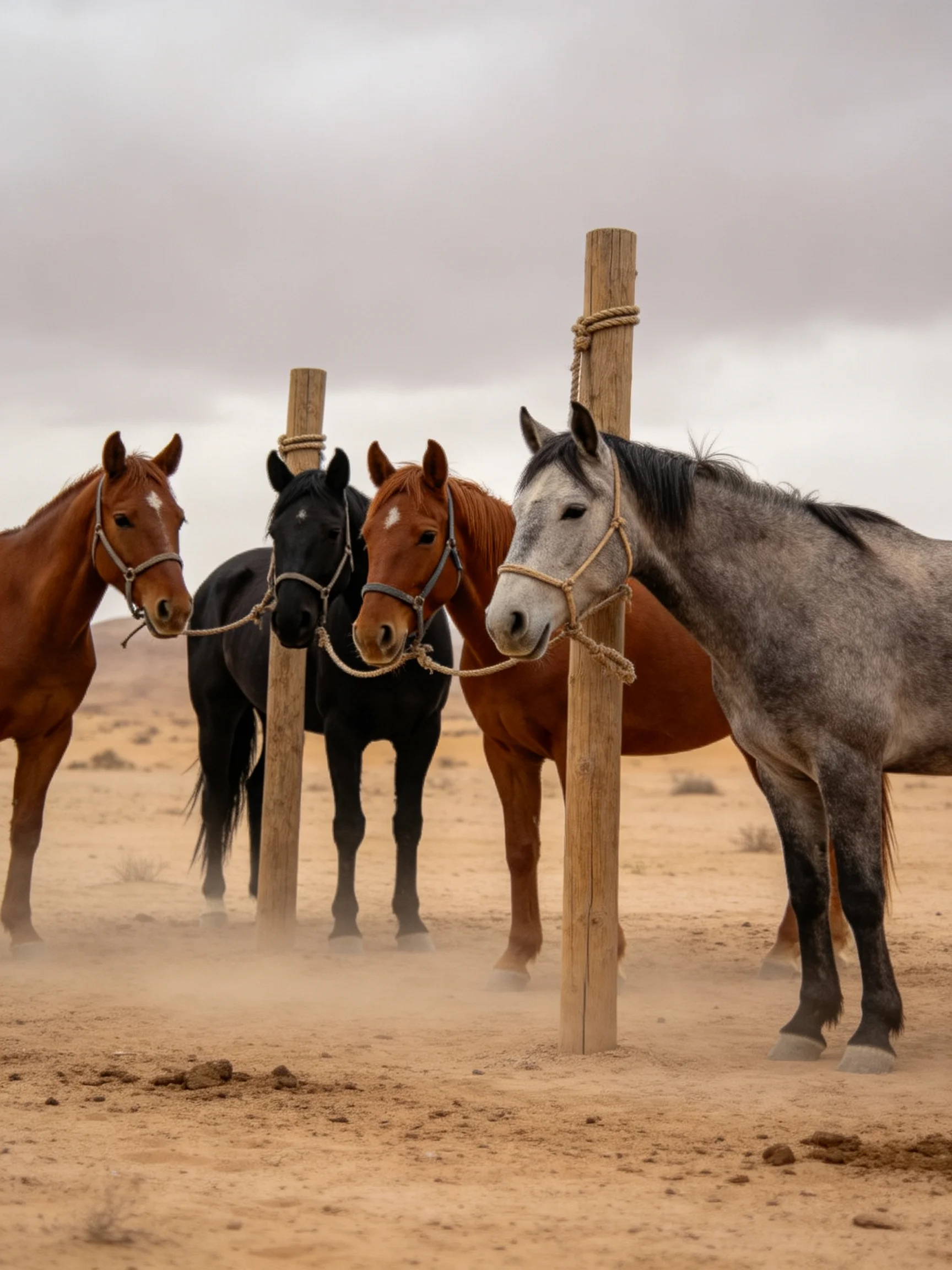 Four horses of various colors tied to wooden posts in an arid landscape