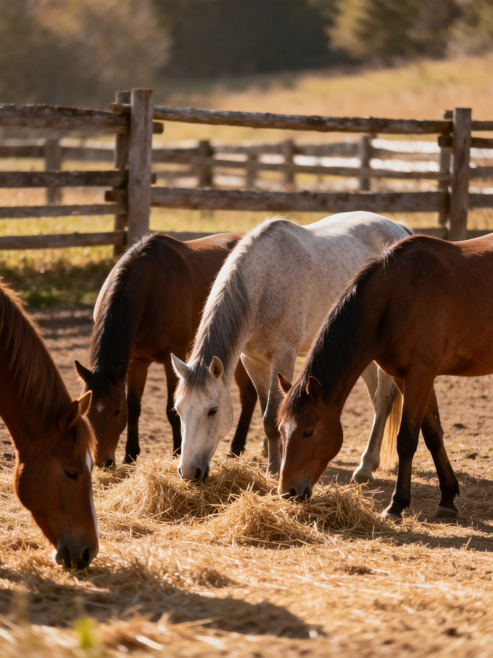 Four horses of varying hues graze on hay beside a wooden fence
