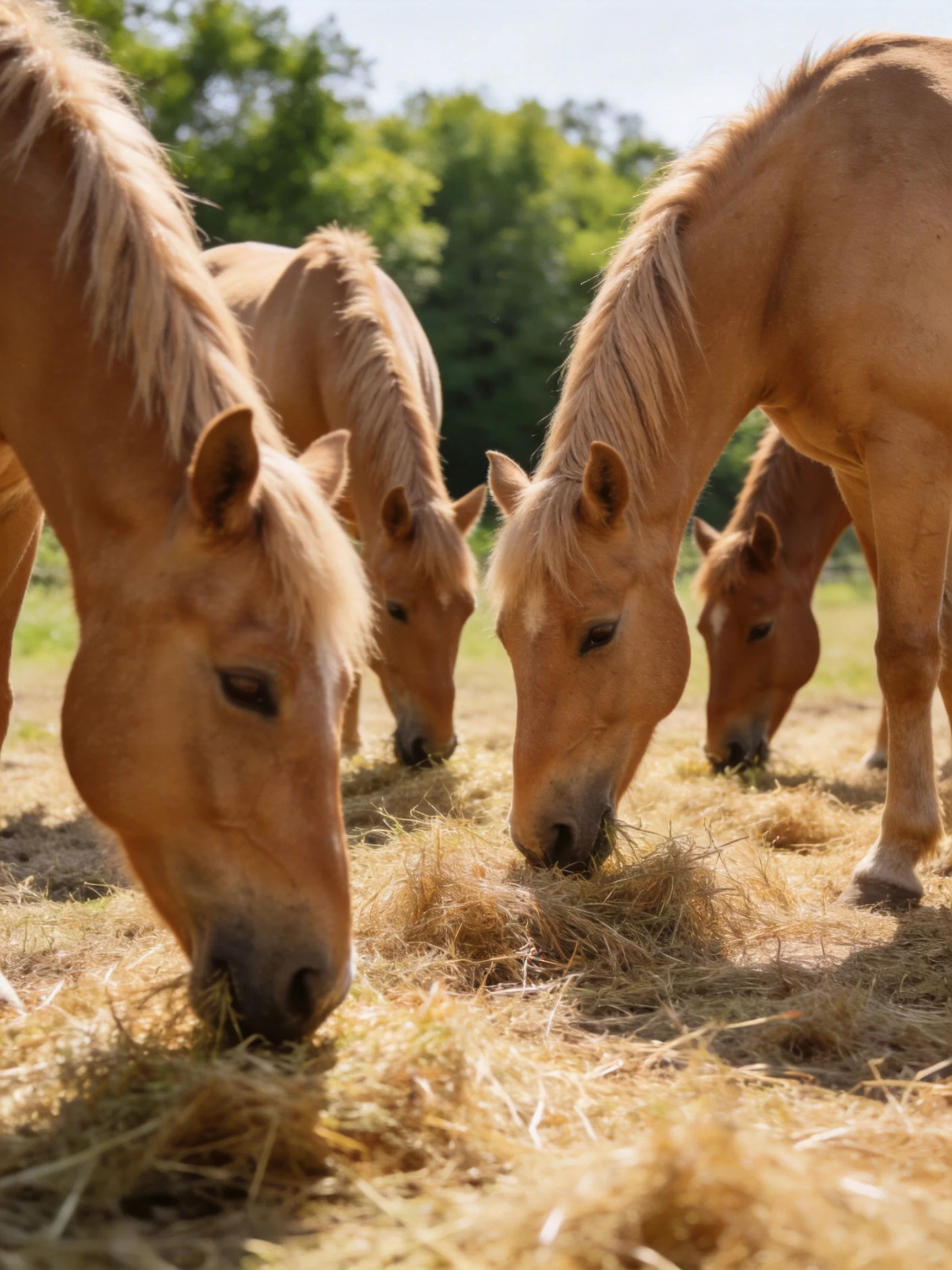 Four light - brown horses graze on golden hay in a sunlit pasture