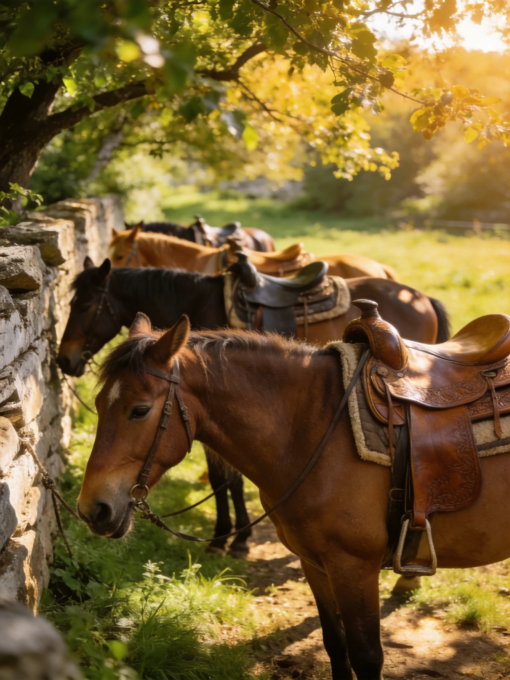 Saddled horses gather beside a stone wall in a sunlit countryside.