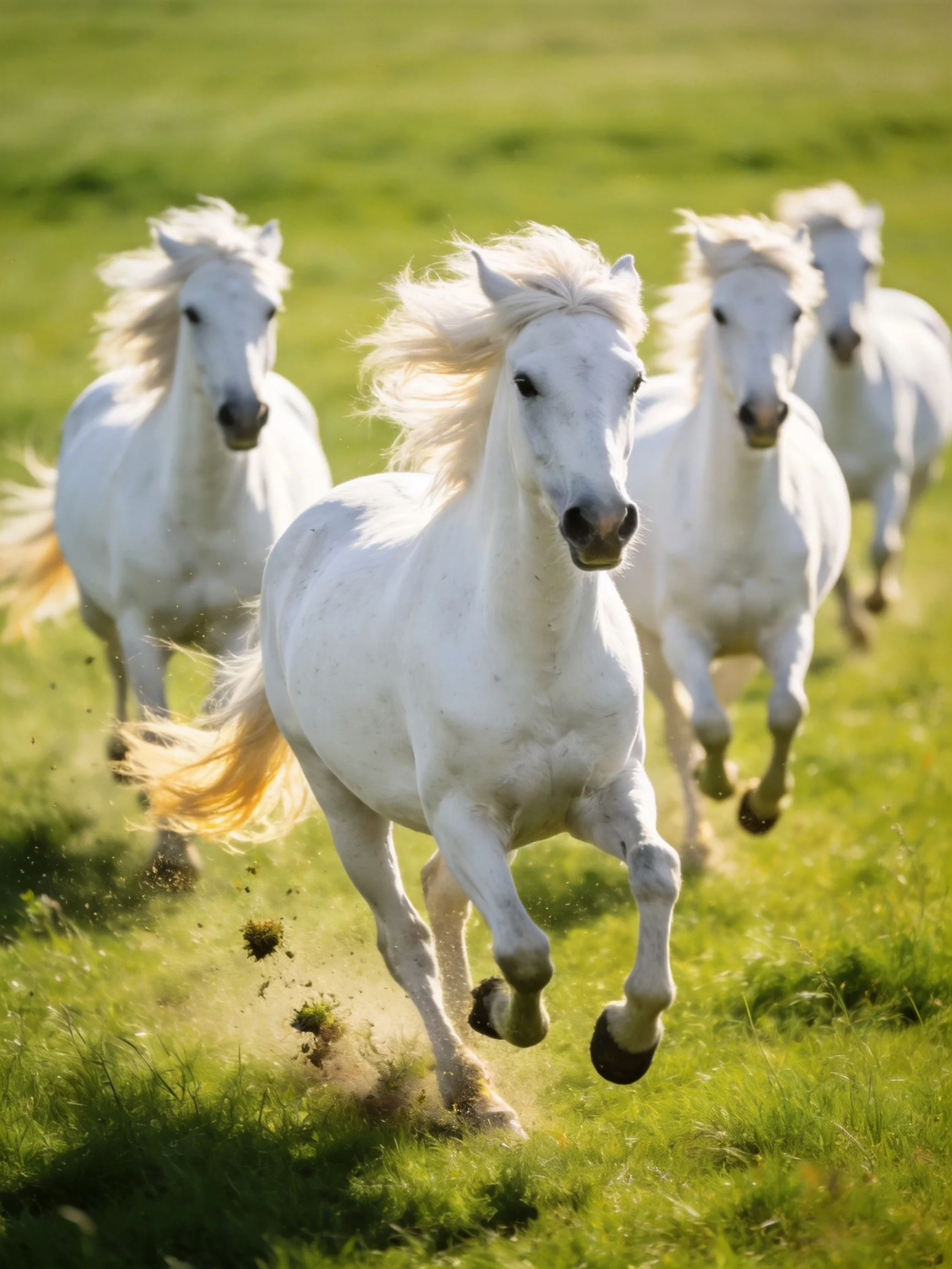 Four white horses gallop through a sunlit green meadow