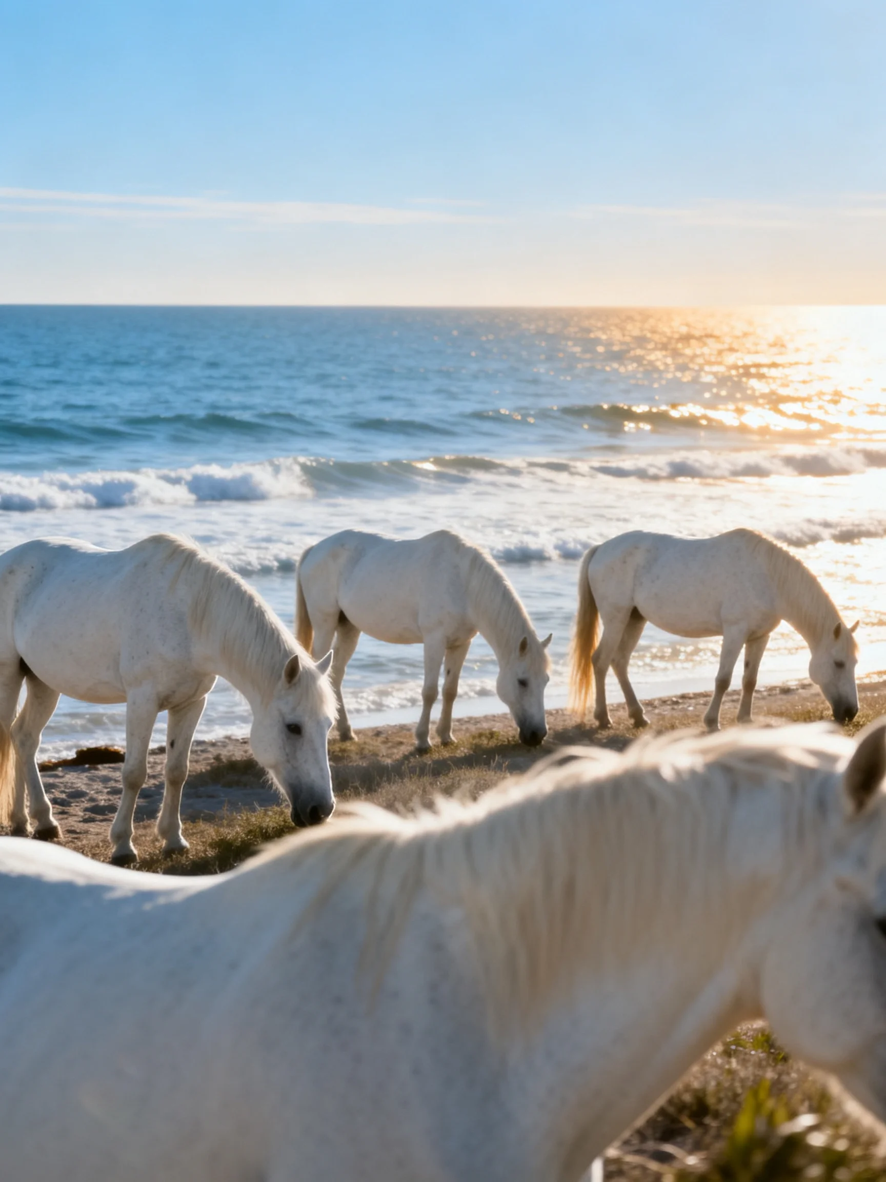 Four white horses graze near a glistening shoreline at sunset