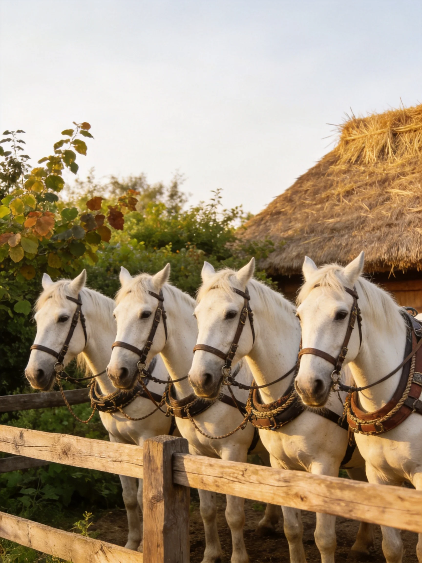 Four white horses harnessed near a wooden fence by a thatched cottage