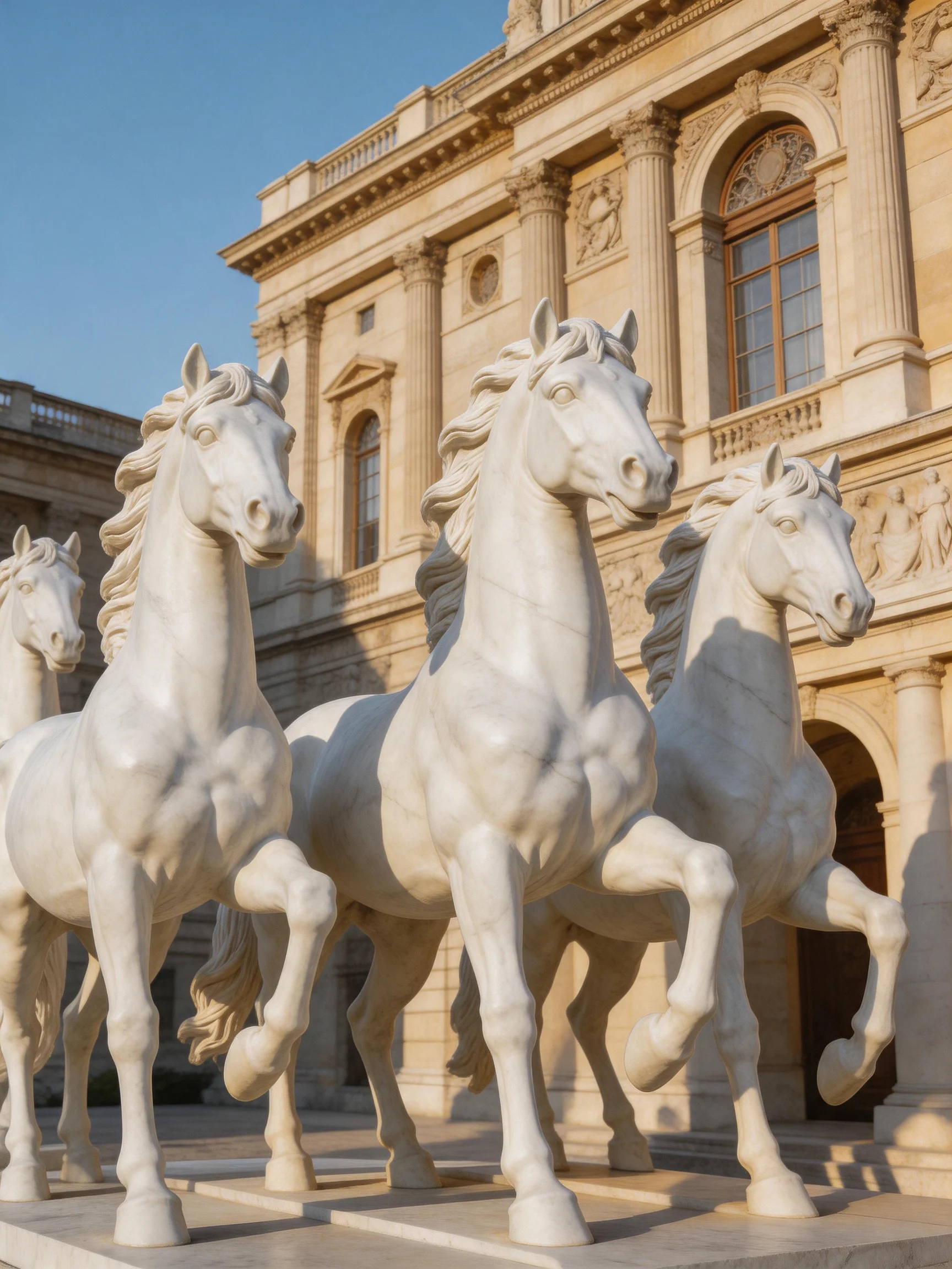 Four white marble horse statues near an ornate stone building