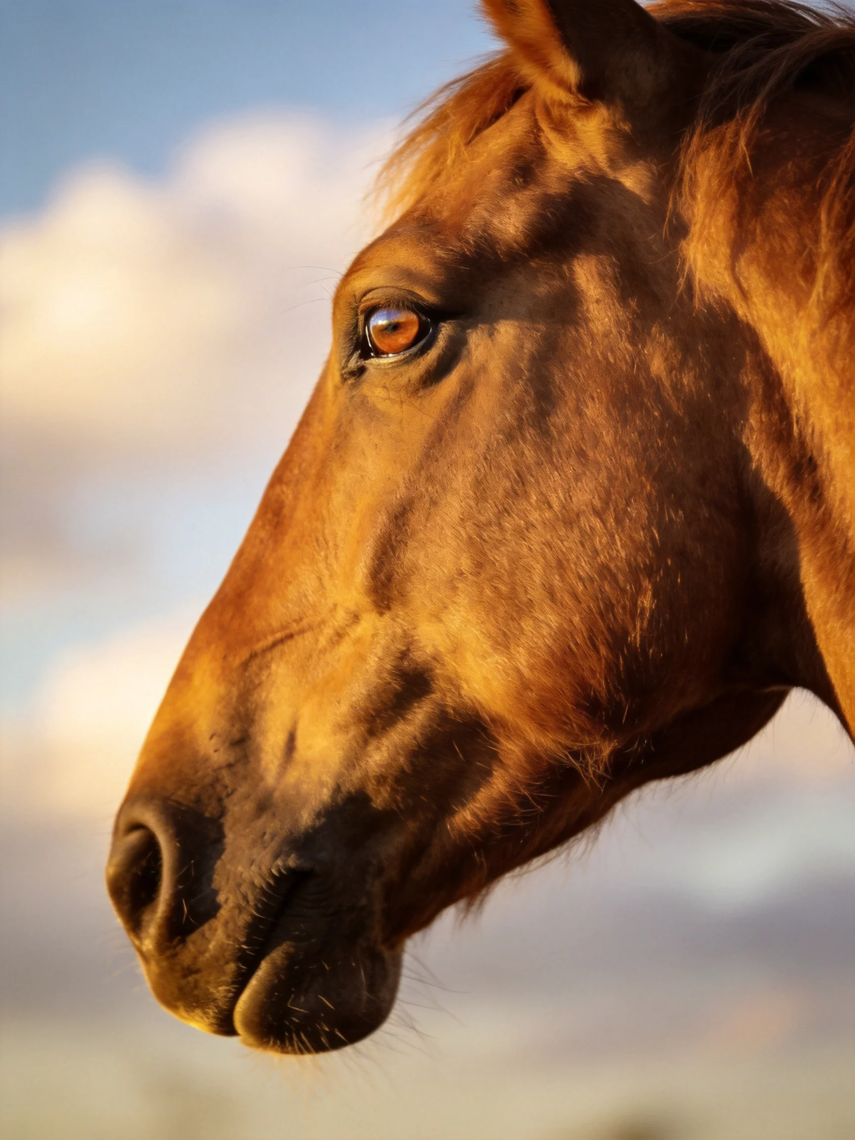 Golden - lit chestnut horse profile