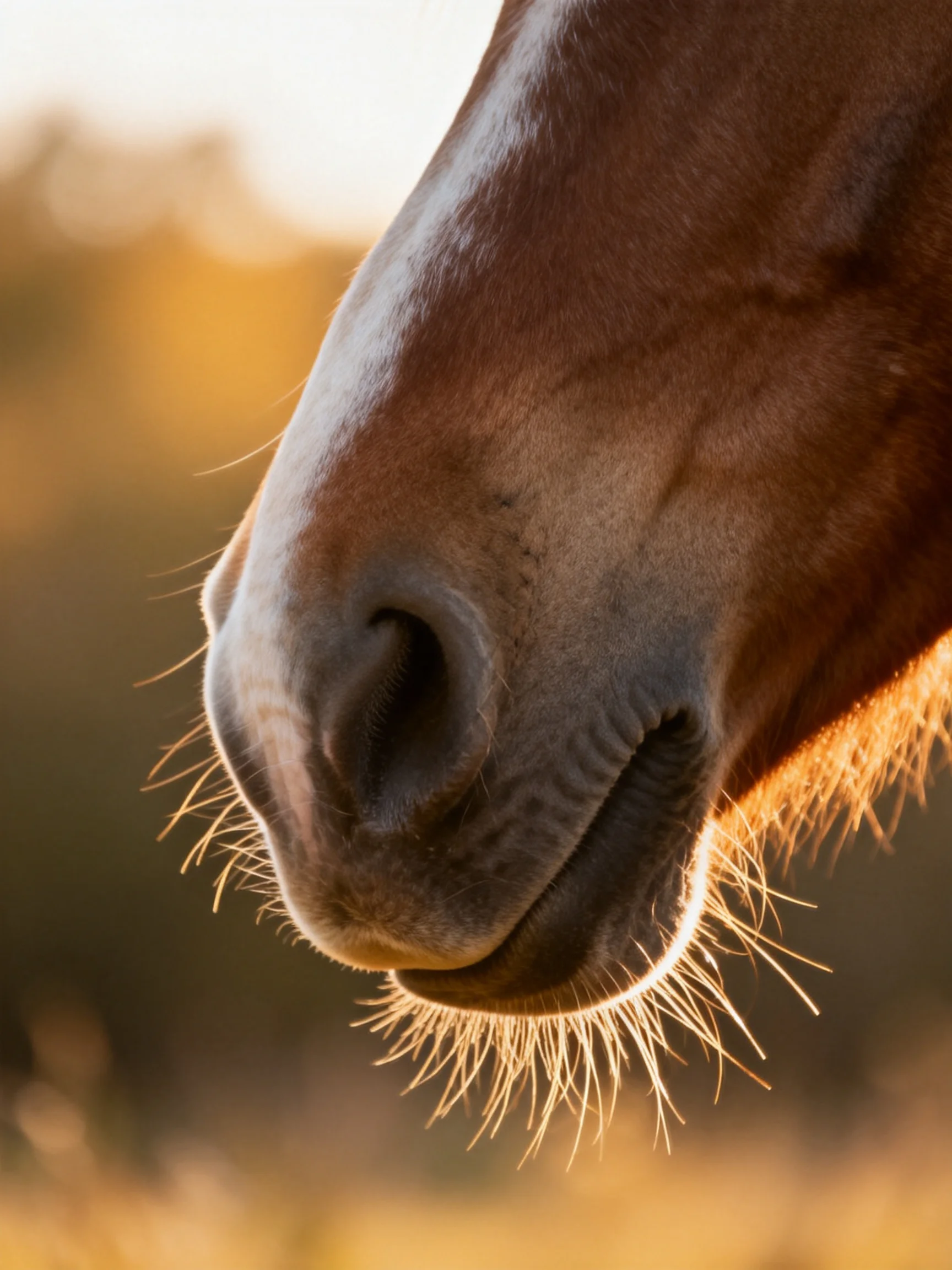 Golden - lit close - up of a brown and white horses nose
