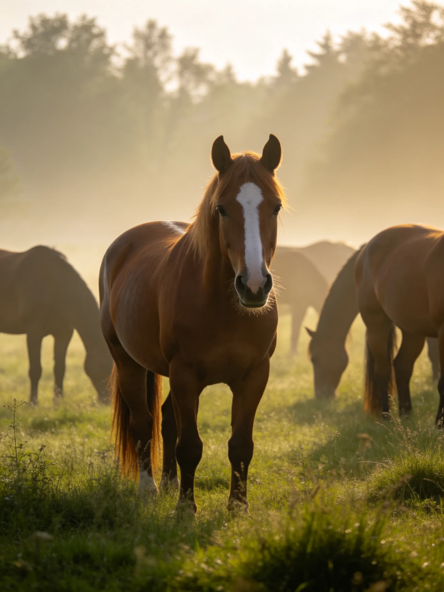 Golden Morning Light Features a Group of Chestnut Horses in a Misty Meadow