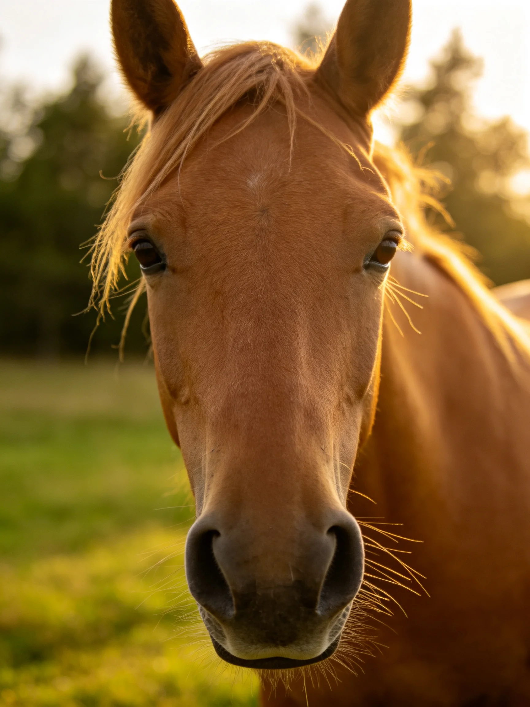 Golden-brown horse gazes directly into camera with warm sunlight