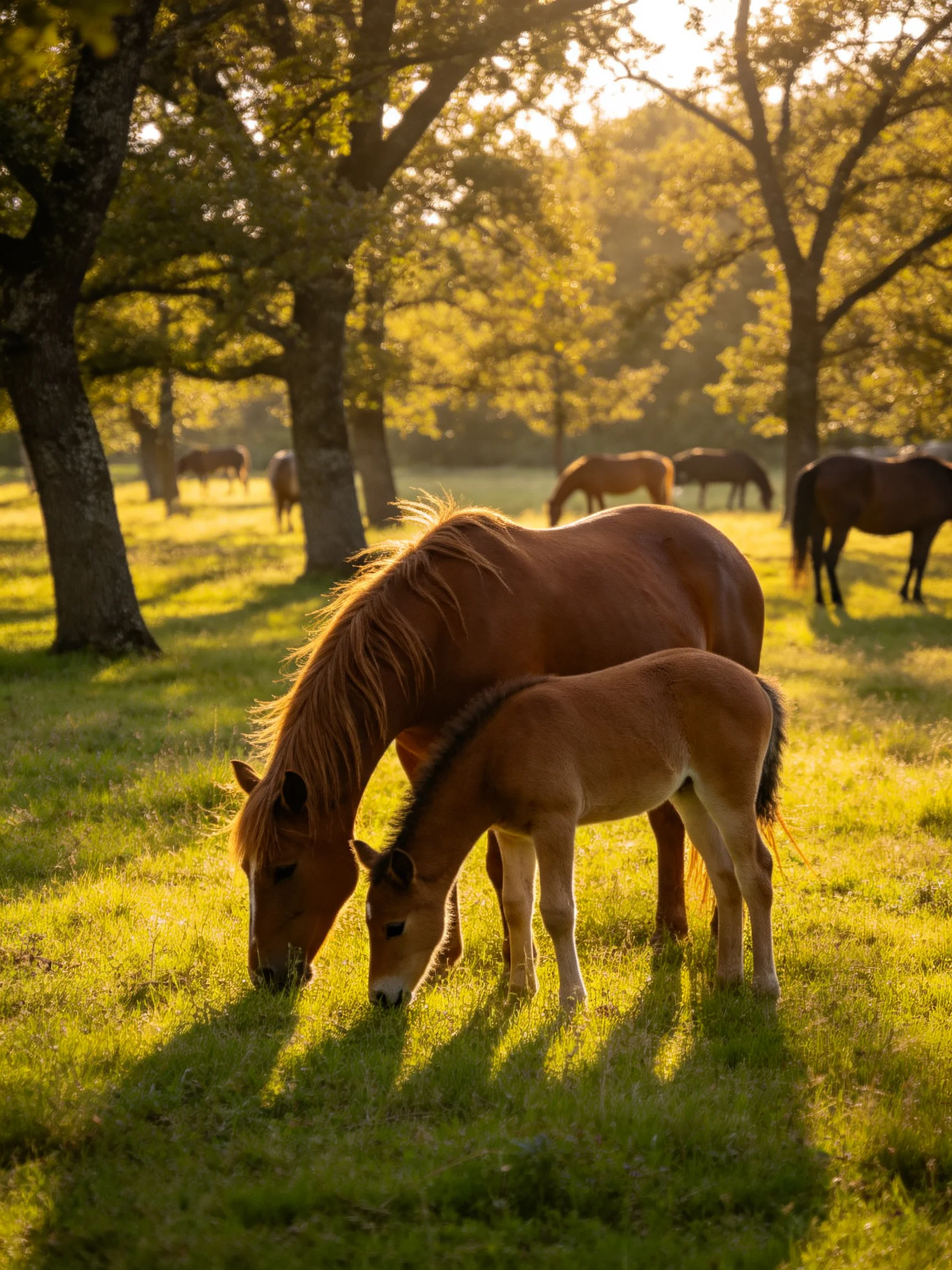 Golden-hour meadow with brown horses and foal near trees