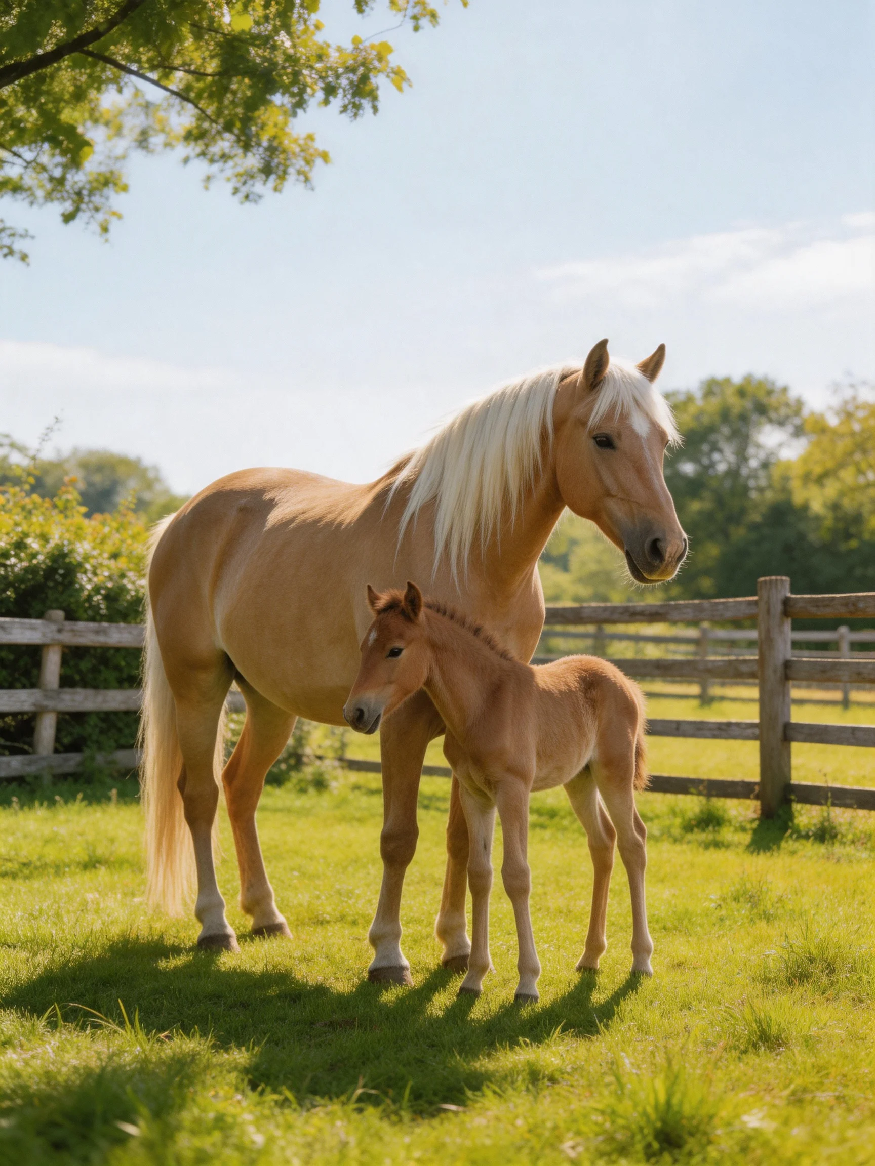 Golden mare and foal in sunlit meadow near wooden fences