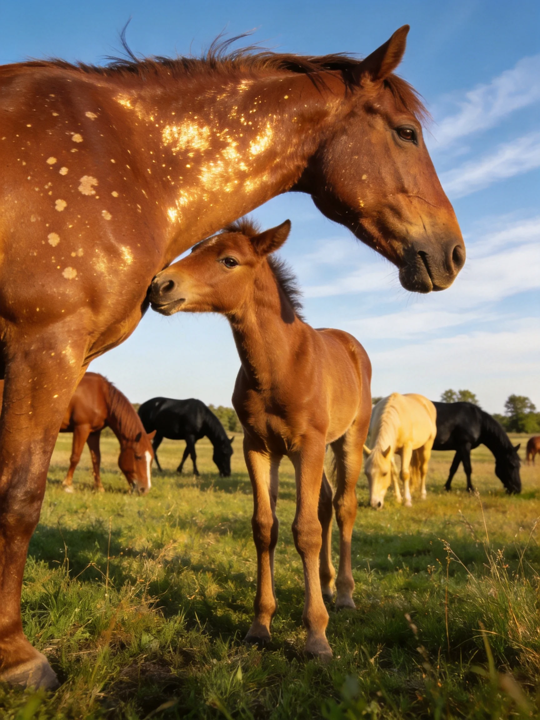 Golden-spotted mare and foal with other horses in a sunlit pasture